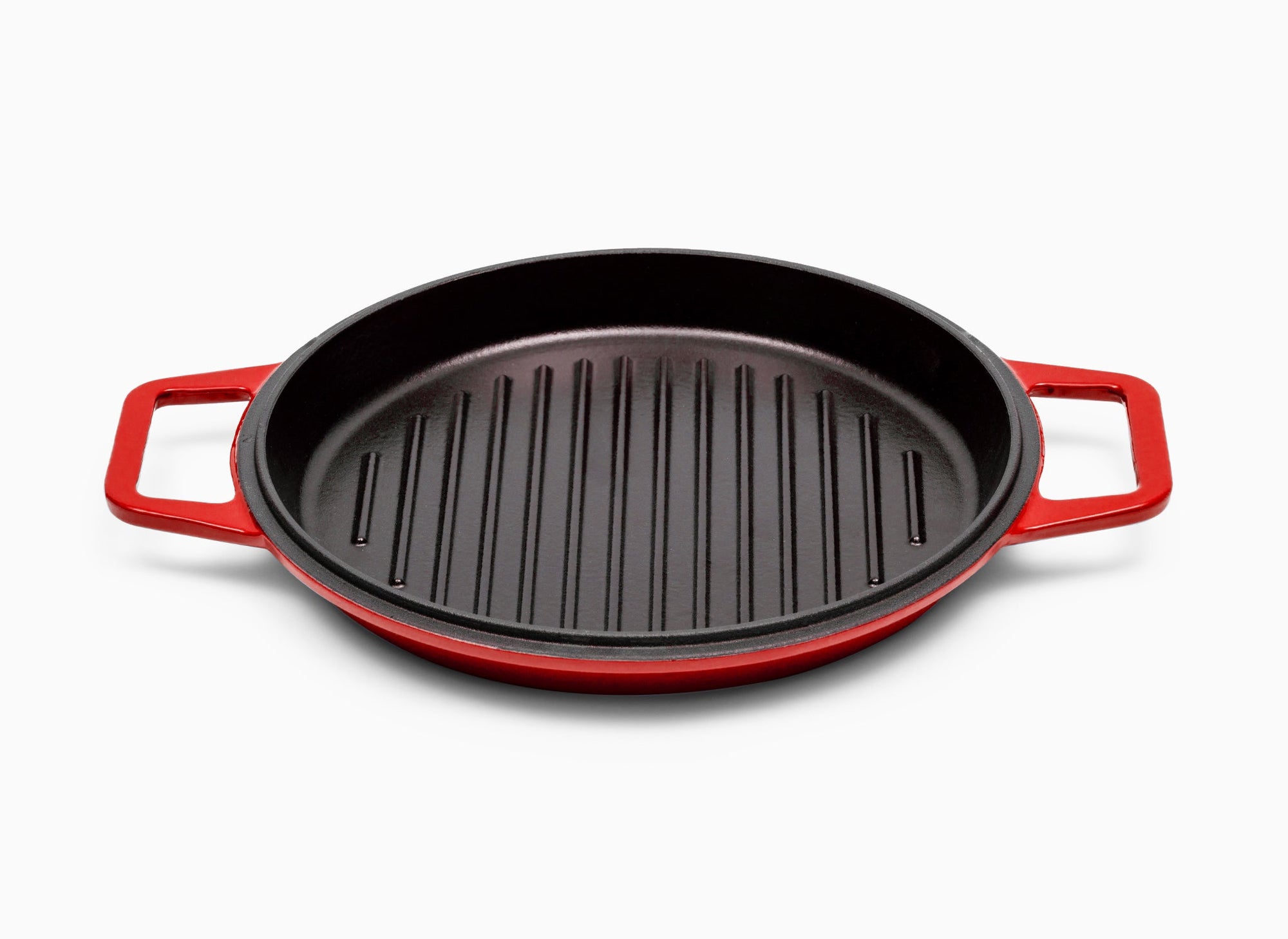 A Red Misen Enameled Cast Iron Grill Pan face-up, showing a black cooking surface and raised grill ridges.