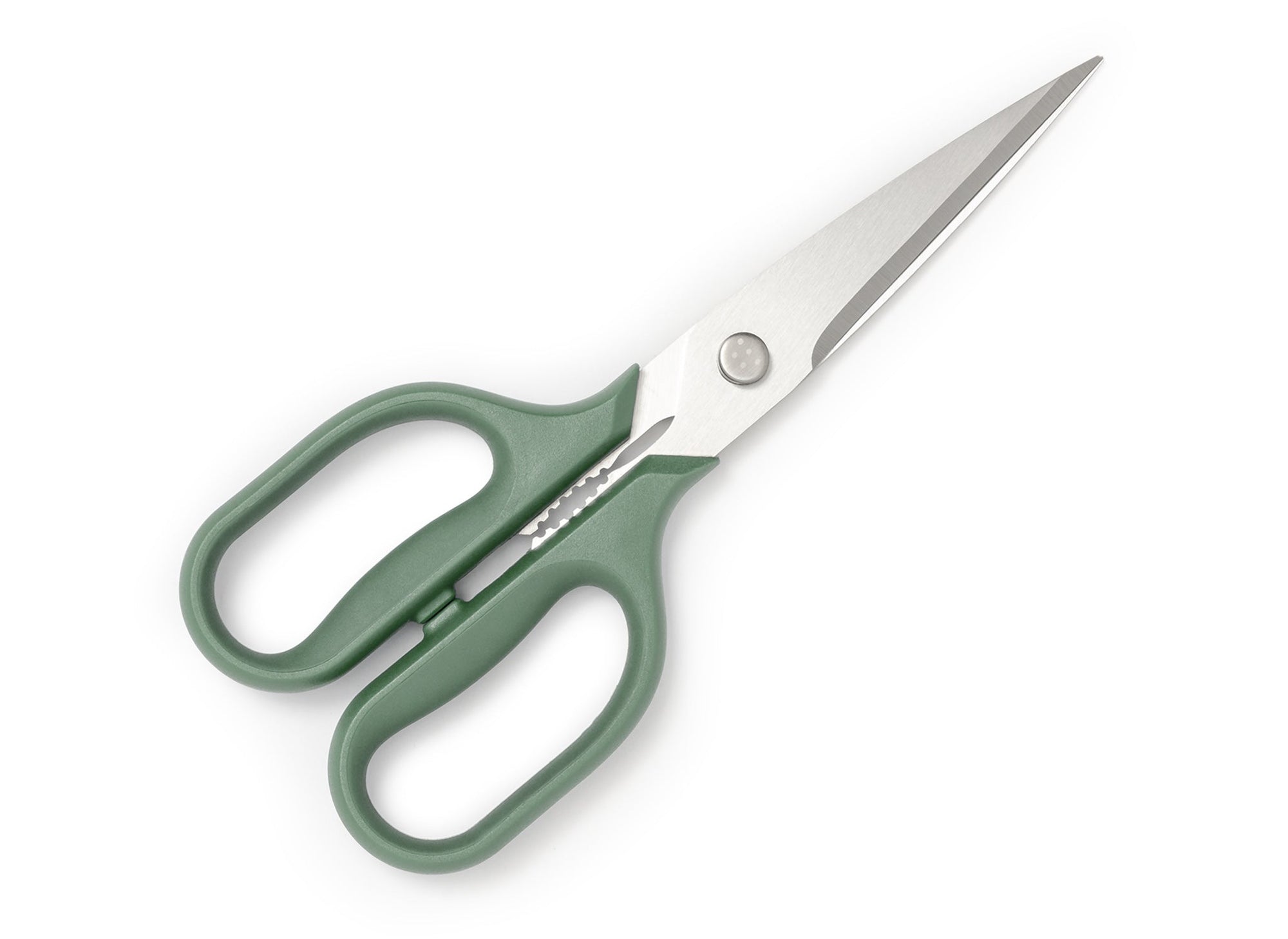 {{green}} Green Misen Kitchen Shears with blades closed.