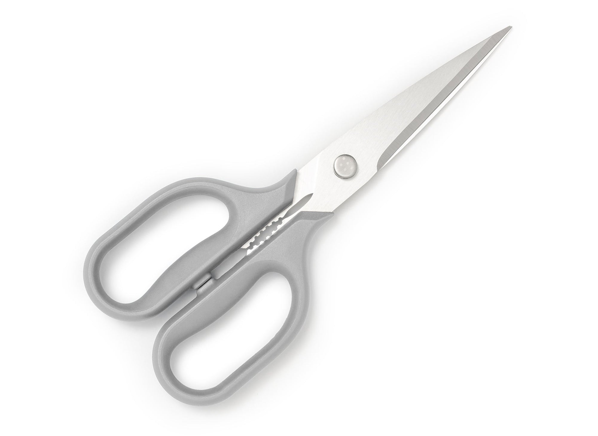 {{gray}} Gray Misen Kitchen Shears with blades closed.