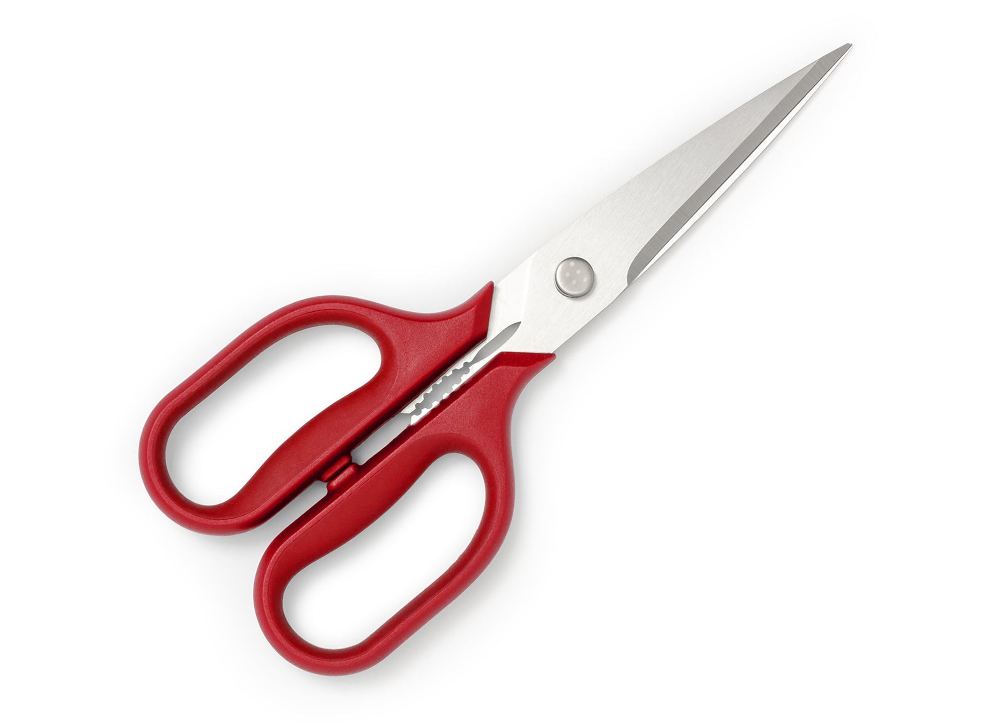 {{red}} Red Misen Kitchen Shears with blades closed.