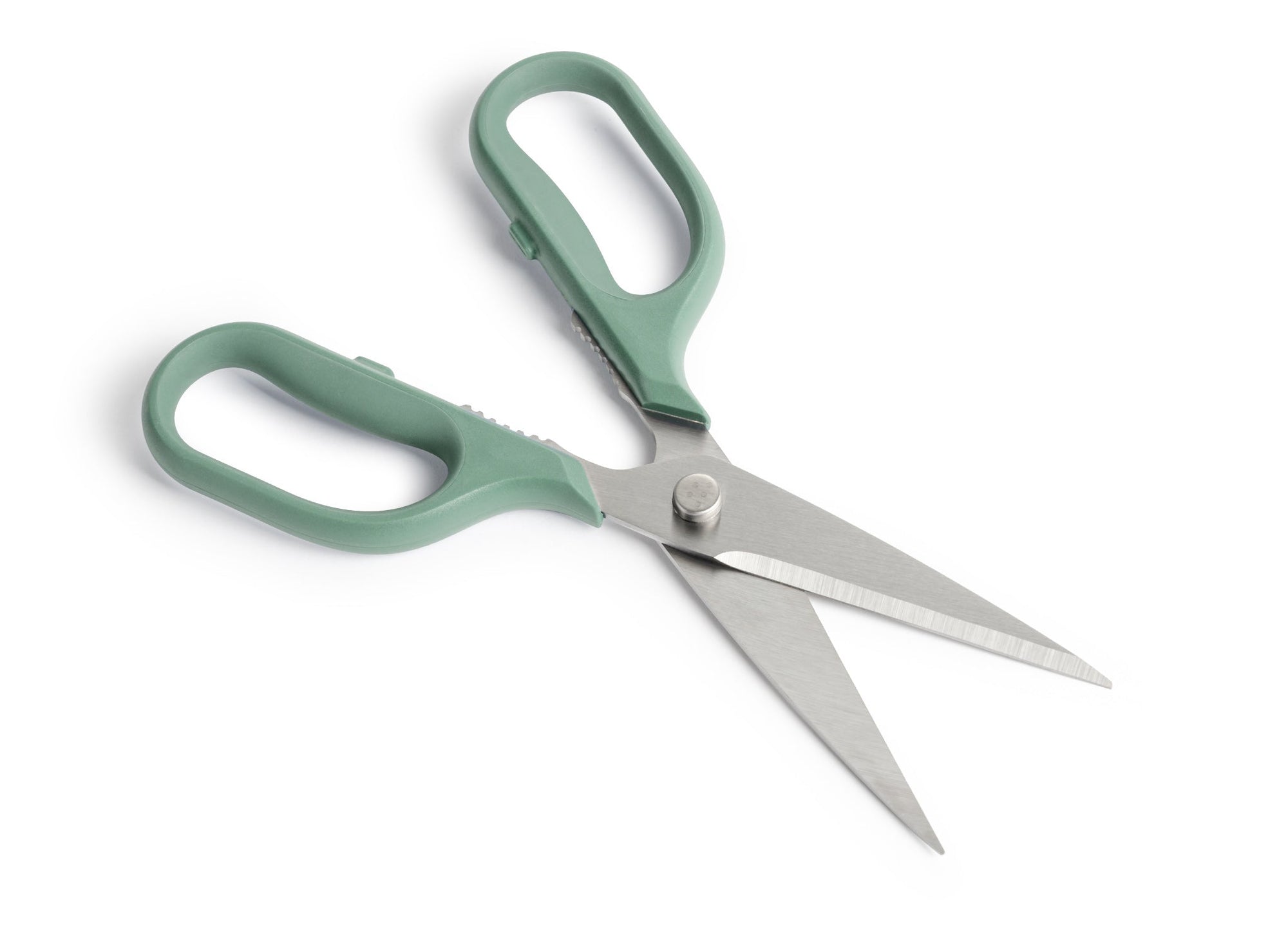 {{green}} Green Misen Kitchen Shears with blades open.