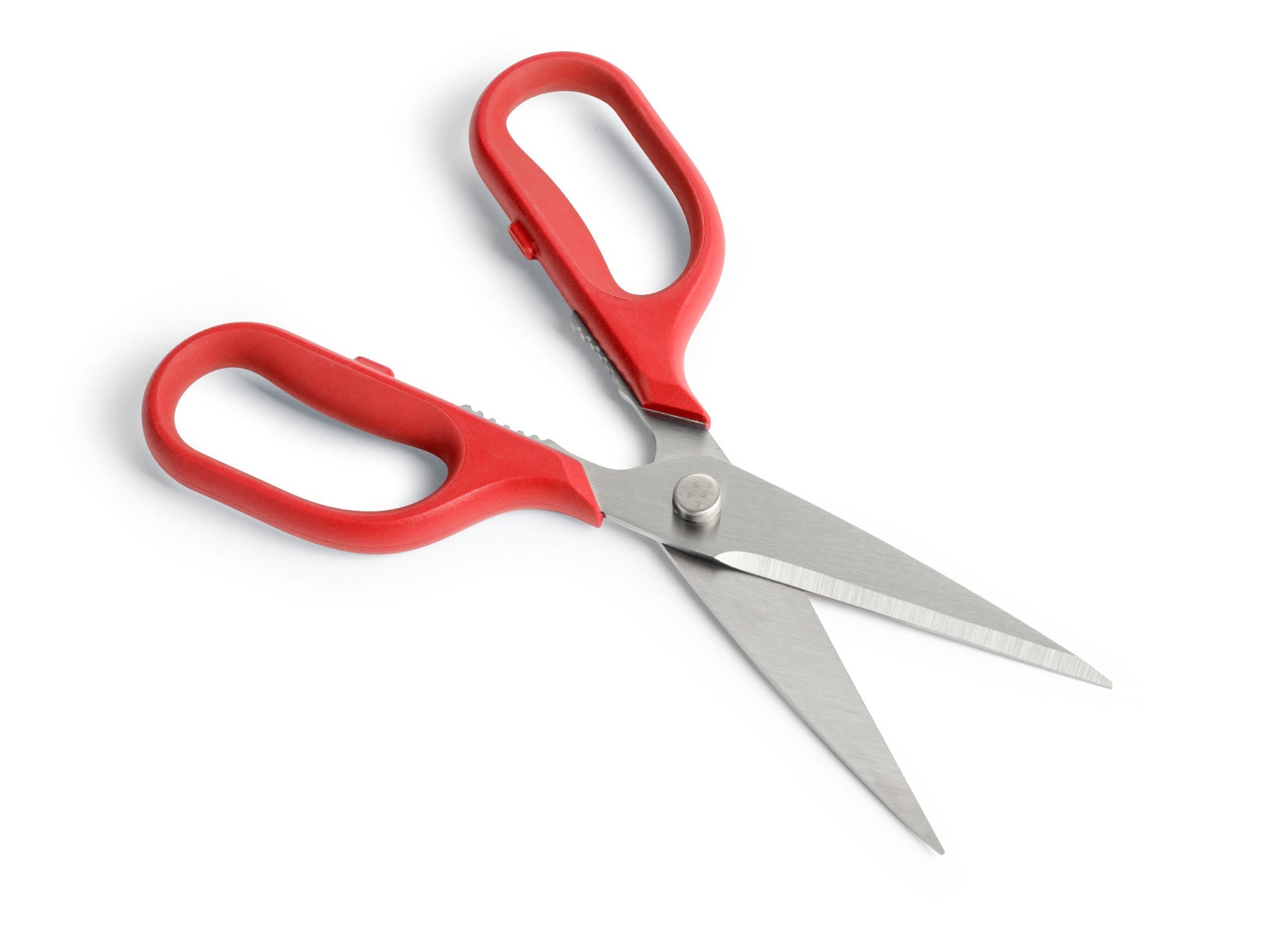 {{red}} Red Misen Kitchen Shears with blades open.