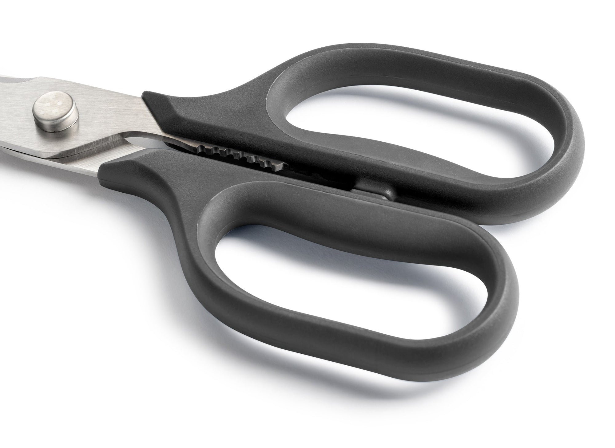{{black}} Close view of Black Misen Kitchen Shears’ ambidextrous handles.