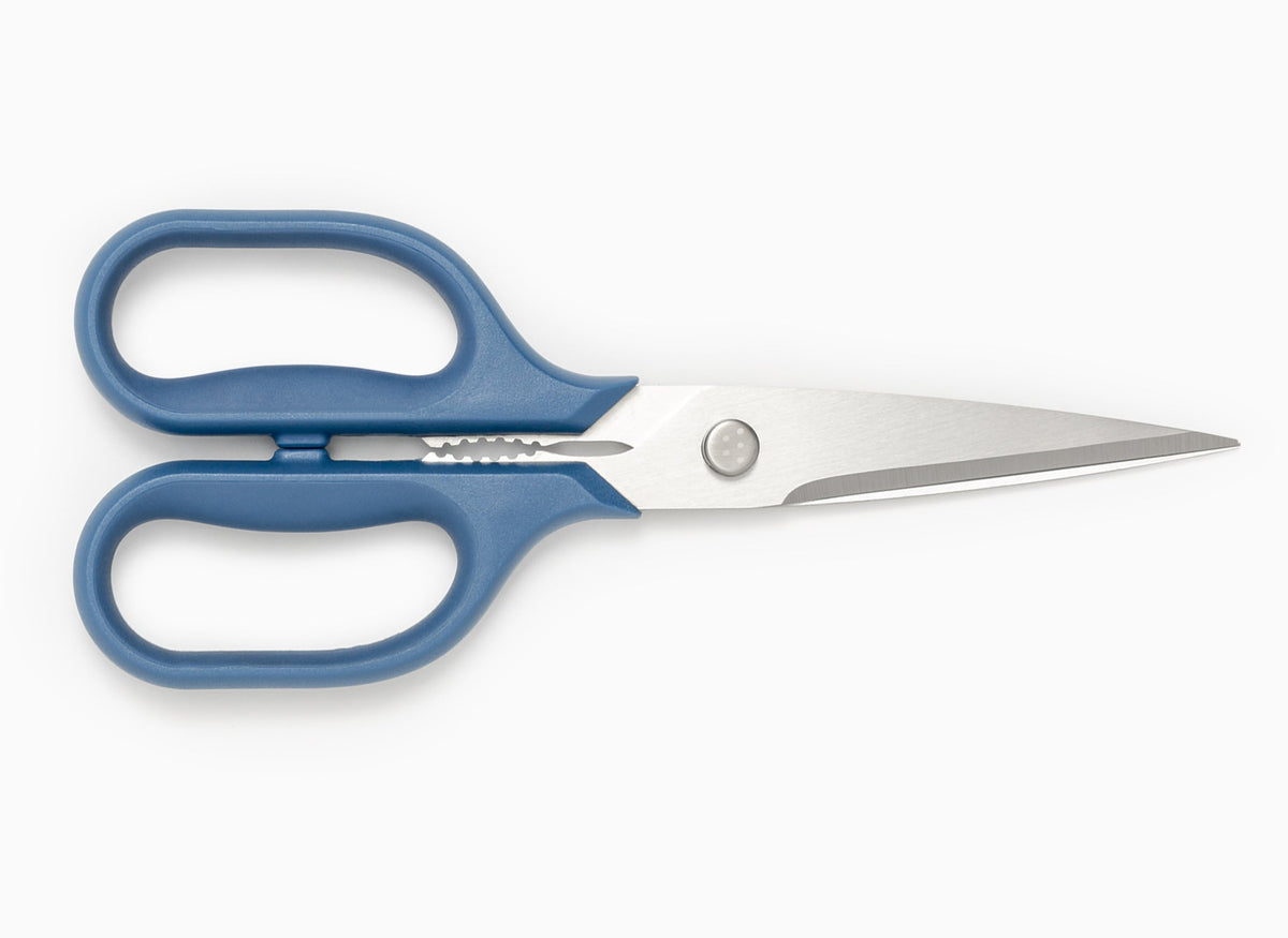 Blue Misen Kitchen Shears with blades closed.