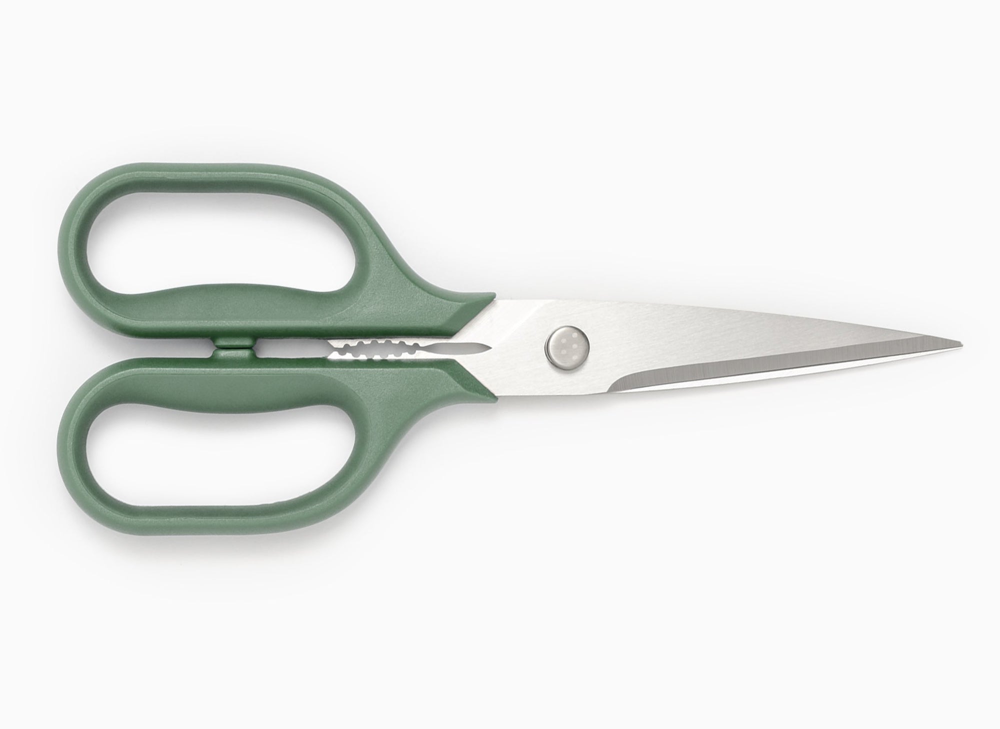Green Misen Kitchen Shears with blades closed.