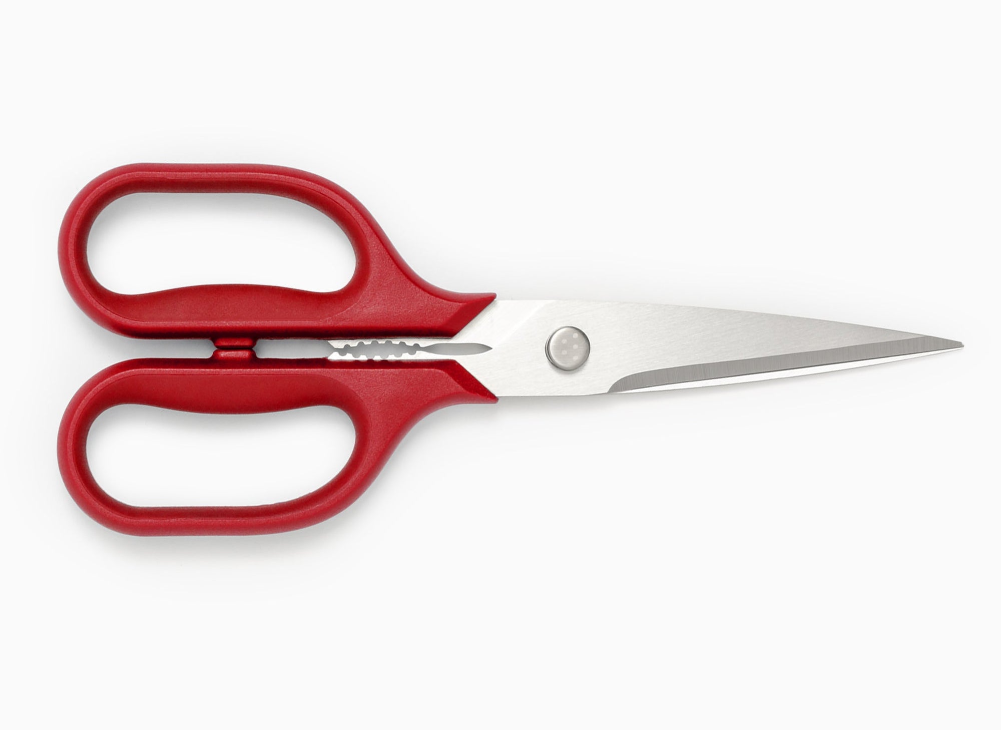 Red Misen Kitchen Shears with blades closed.