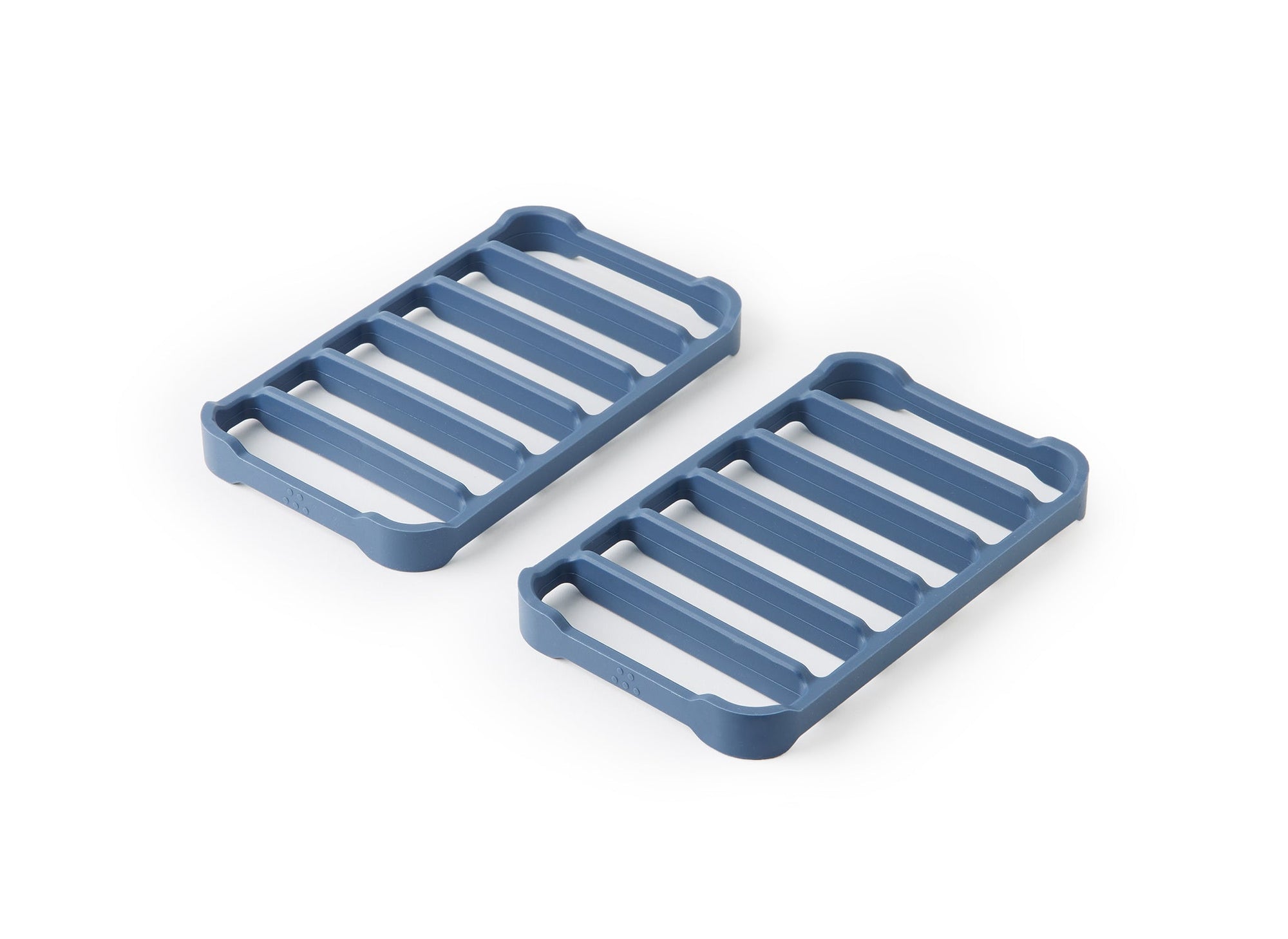 {{2-pack}} A top view of two blue Misen Silicone Roasting Racks at an angle, laying side by side. 