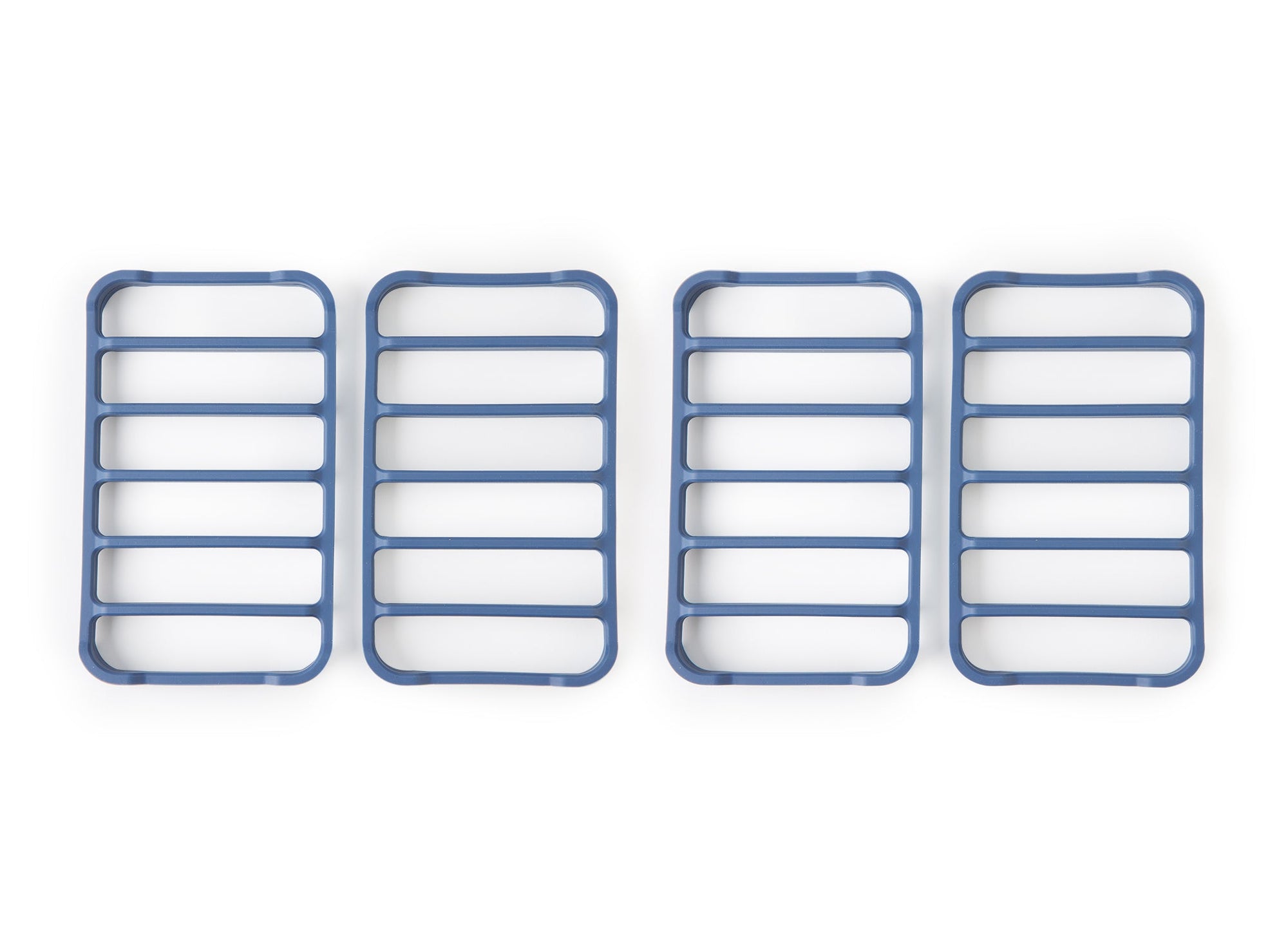 {{4-pack}} A bird's eye view of four blue Misen Silicone Roasting Racks side by side, on a white background.