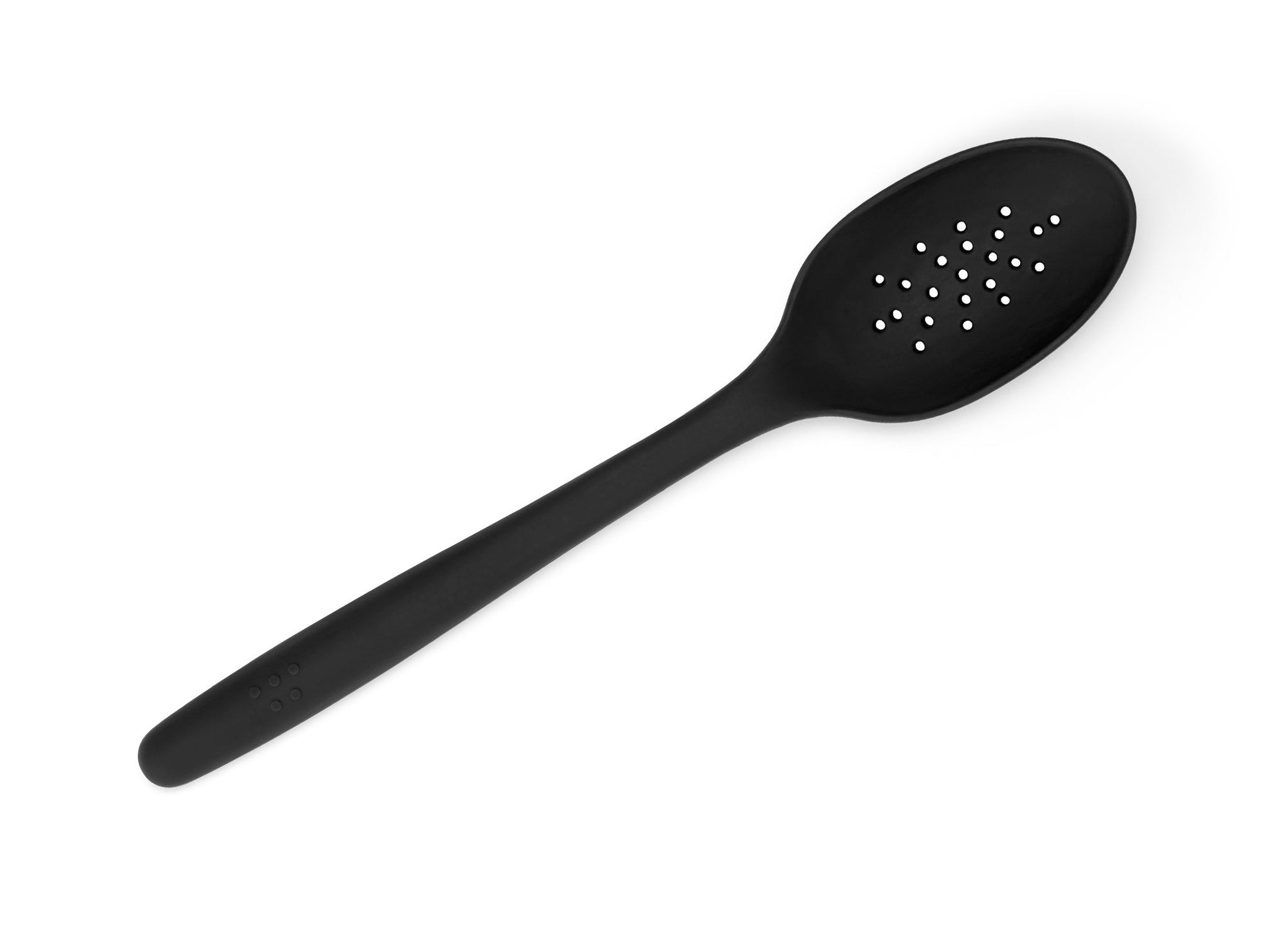 {{black}} A Black Misen Slotted Spoon seen from above on a white background.
