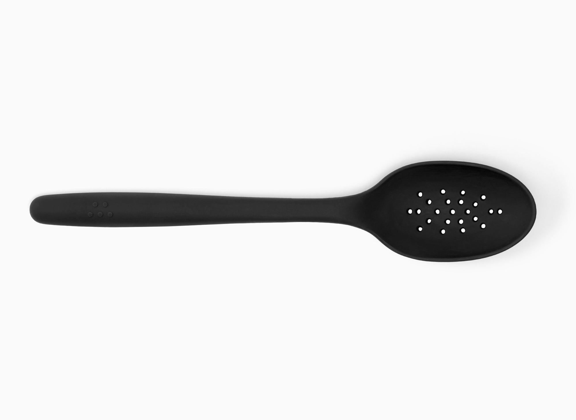 A Black Misen Slotted Spoon seen from above on a white background.