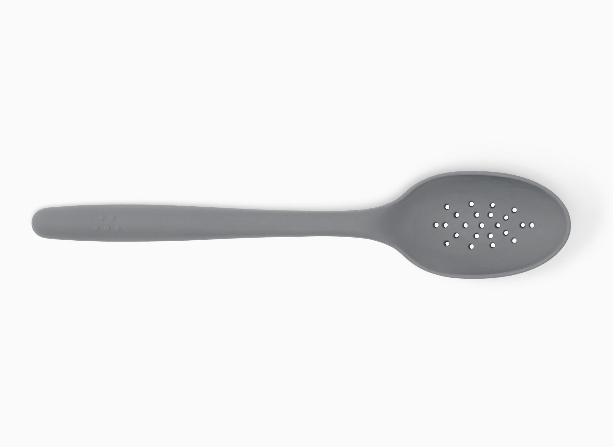 A Grey Misen Slotted Spoon seen from above on a white background.
