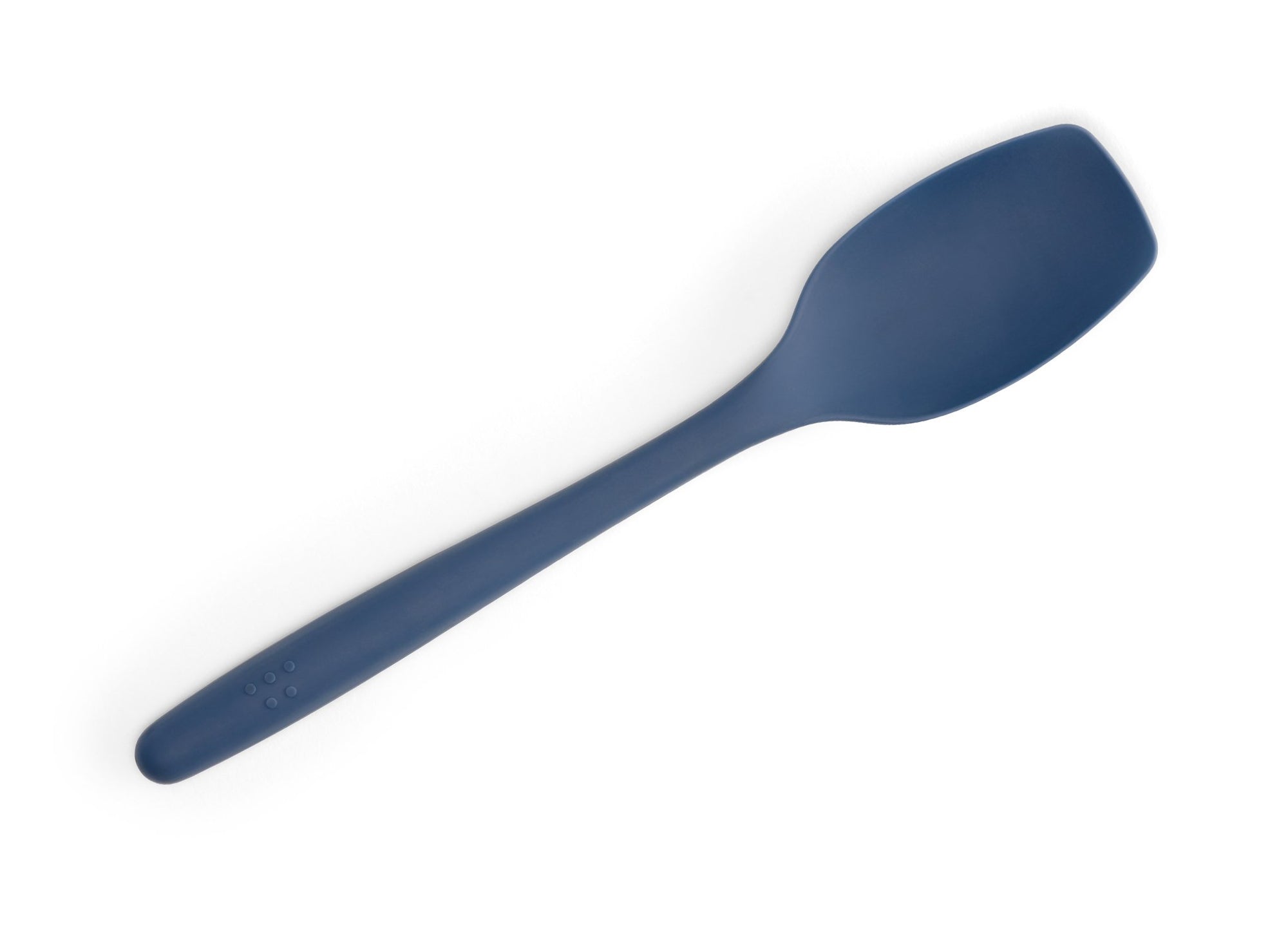 {{blue}} Blue Misen Spoontula seen from above on a white background. A curved spoon-like head with rounded corner edges and a long handle.