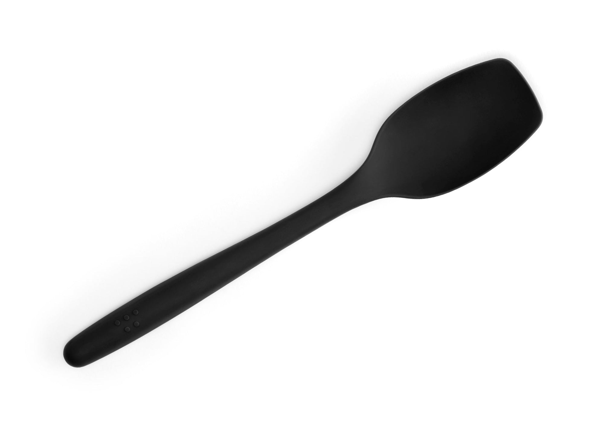 {{black}} Black Misen Spoontula seen from above on a white background. A curved spoon-like head with rounded corner edges and a long handle.