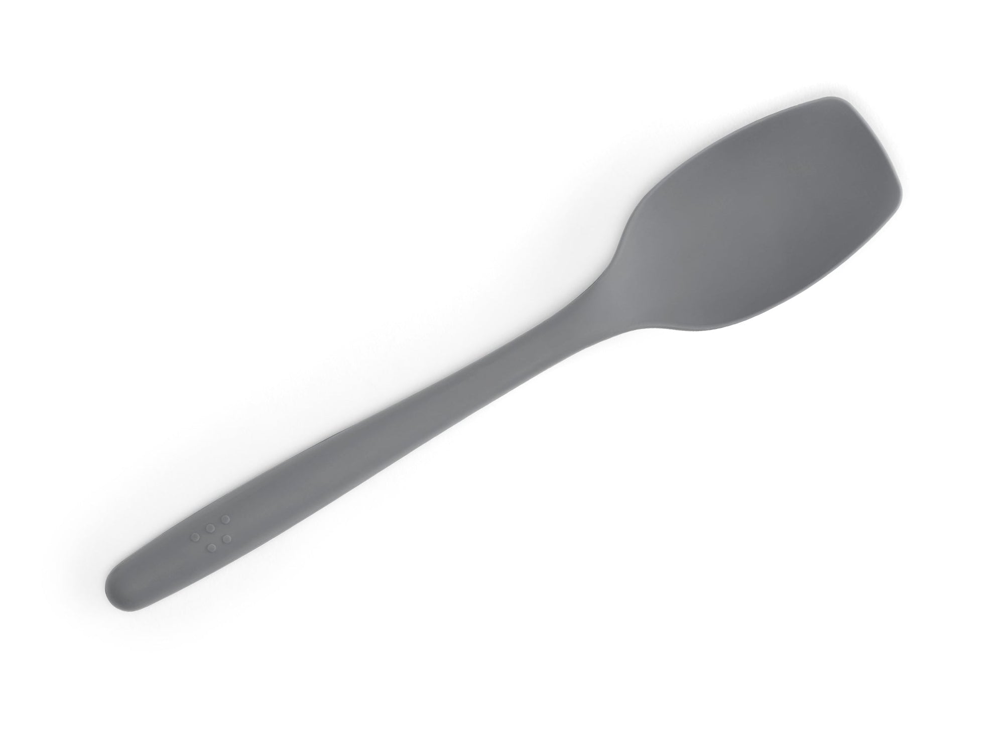 {{gray}} Grey Misen Spoontula seen from above on a white background. A curved spoon-like head with rounded corner edges and a long handle.