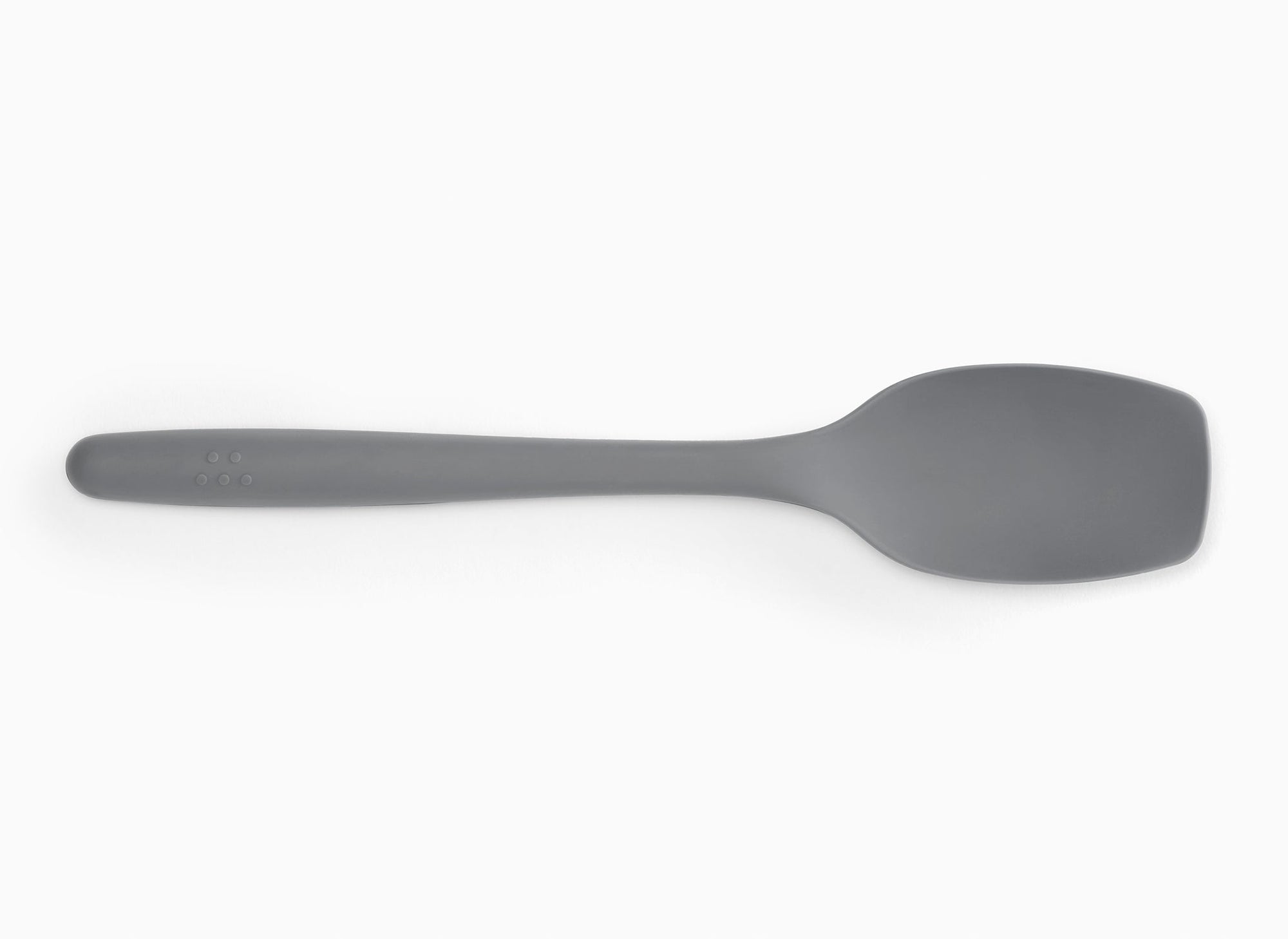 Grey Misen Spoontula seen from above on a white background. A curved spoon-like head with rounded corner edges and a long handle.
