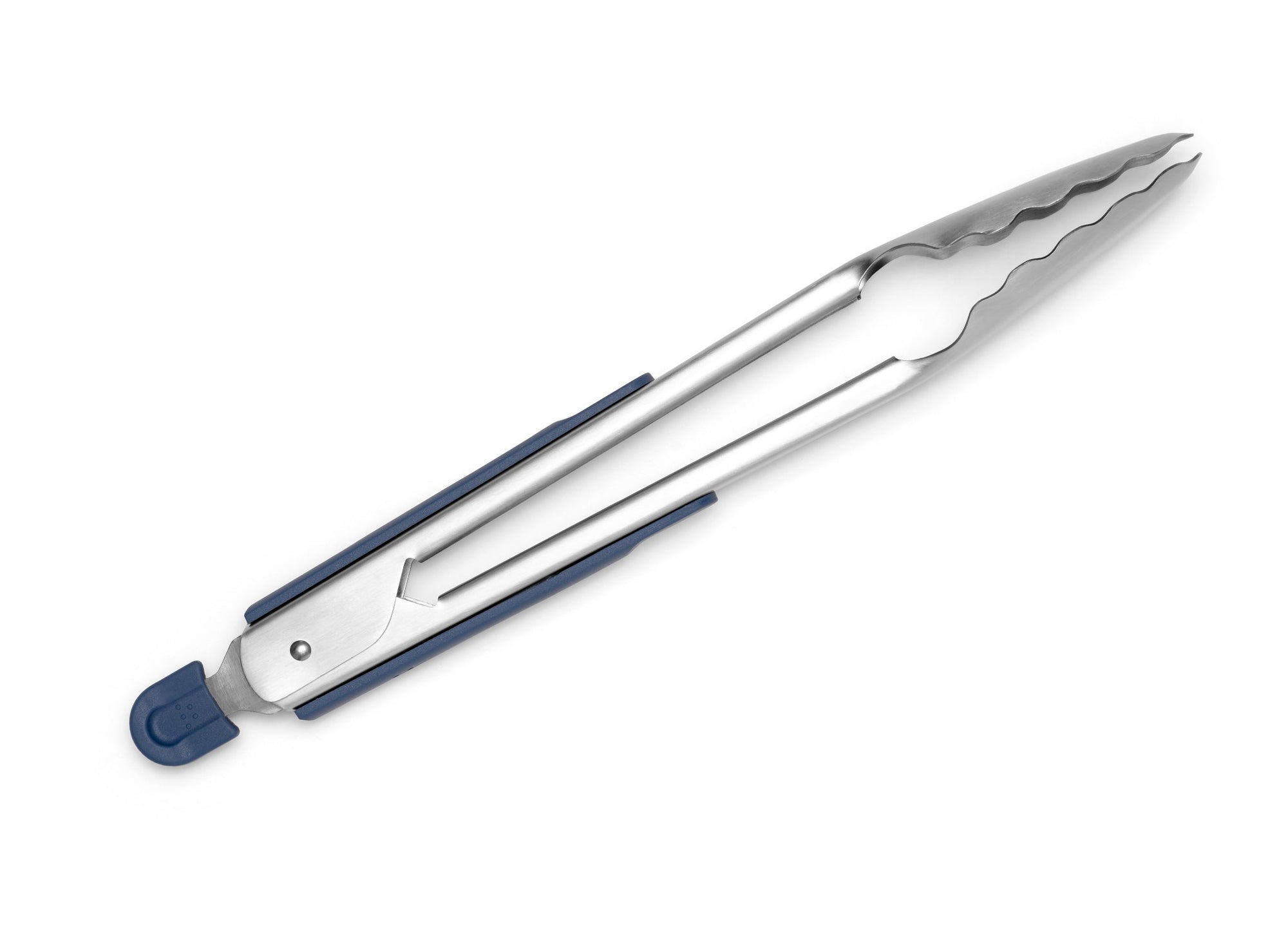 {{stainless-steel-blue}} Blue Misen Metal Tongs in a closed position, seen from the side on a seamless white background.
