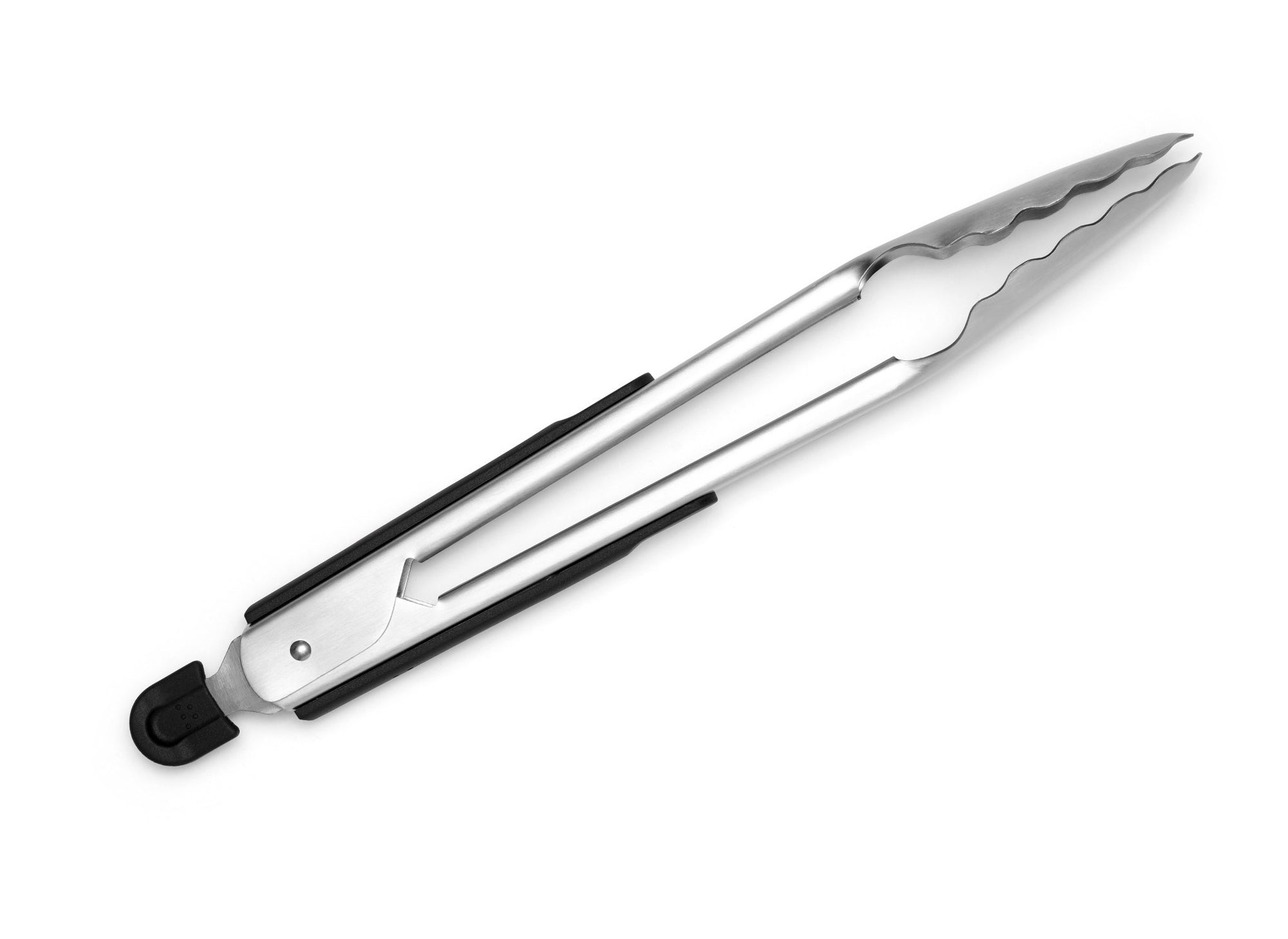 {{stainless-steel-black}} Black Misen Metal Tongs in a closed position,  seen from the side on a seamless white background.