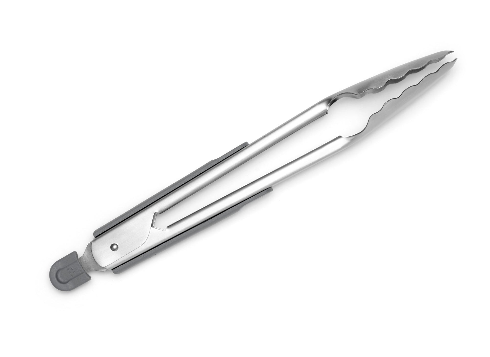 {{stainless-steel-gray}} Grey Misen Metal Tongs in a closed position, seen from the side on a seamless white background.