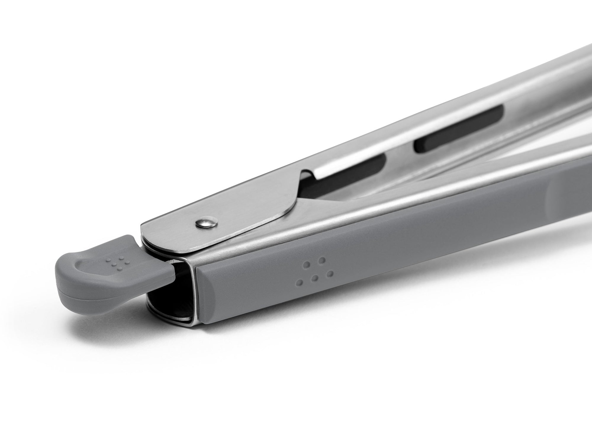 {{stainless-steel-gray}} Grey Misen Metal Tongs on a white background, showing grey push-pull locking tab and silicone handle grip.