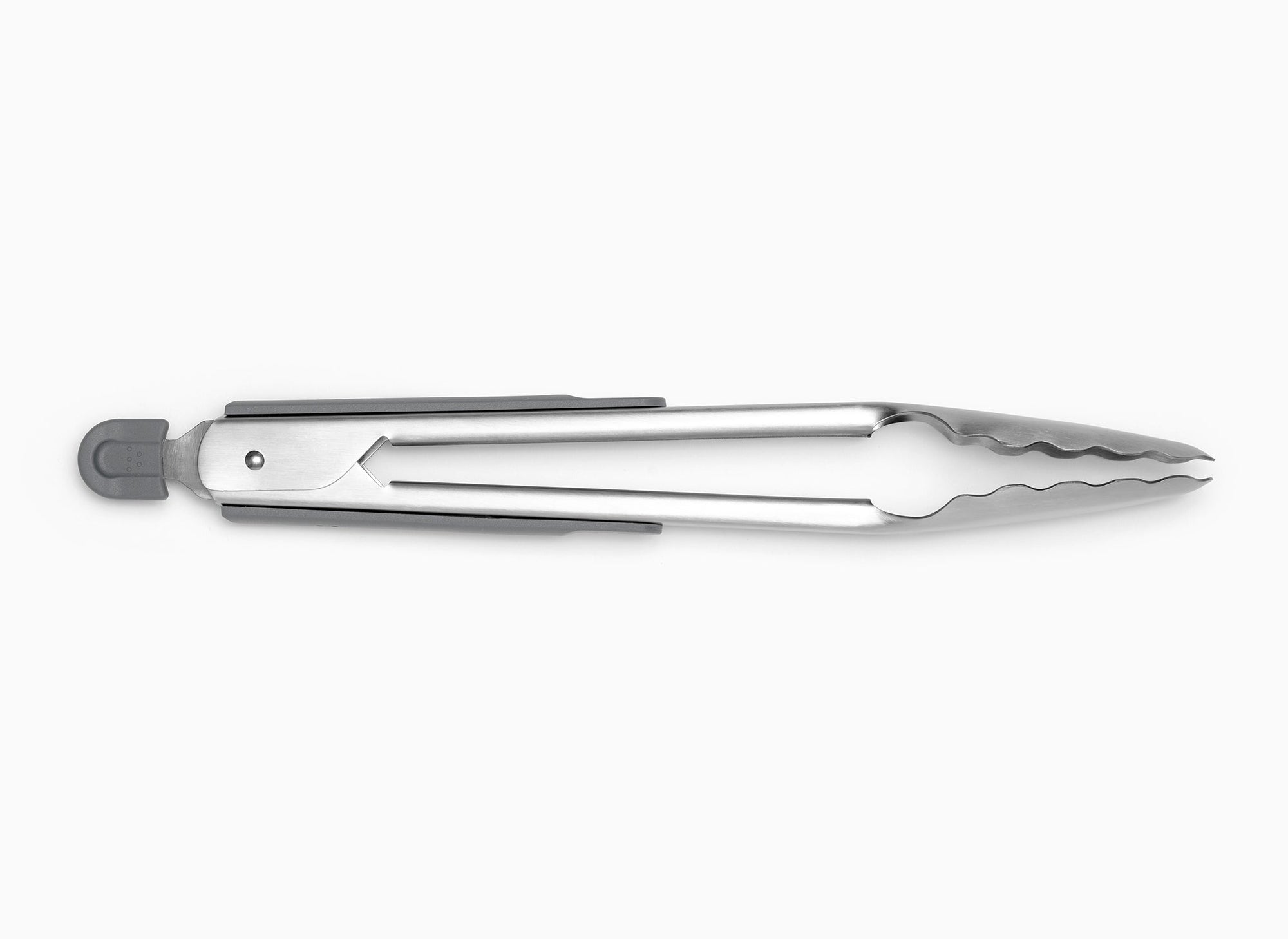 Grey Misen Metal Tongs in a closed position, seen from the side on a seamless white background.