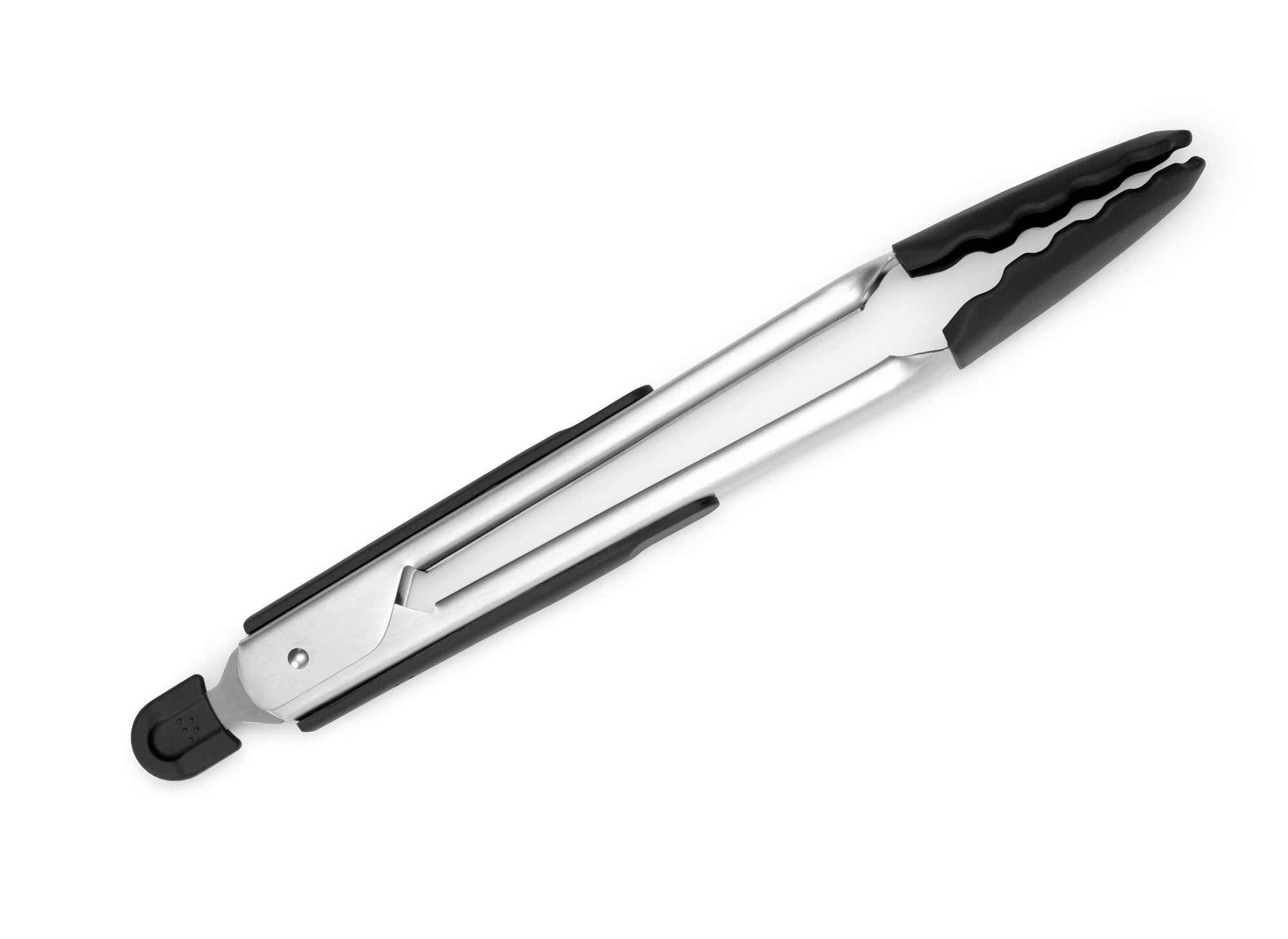 {{black}} Black Misen Silicone Tongs in a closed position,  seen from the side on a seamless white background.