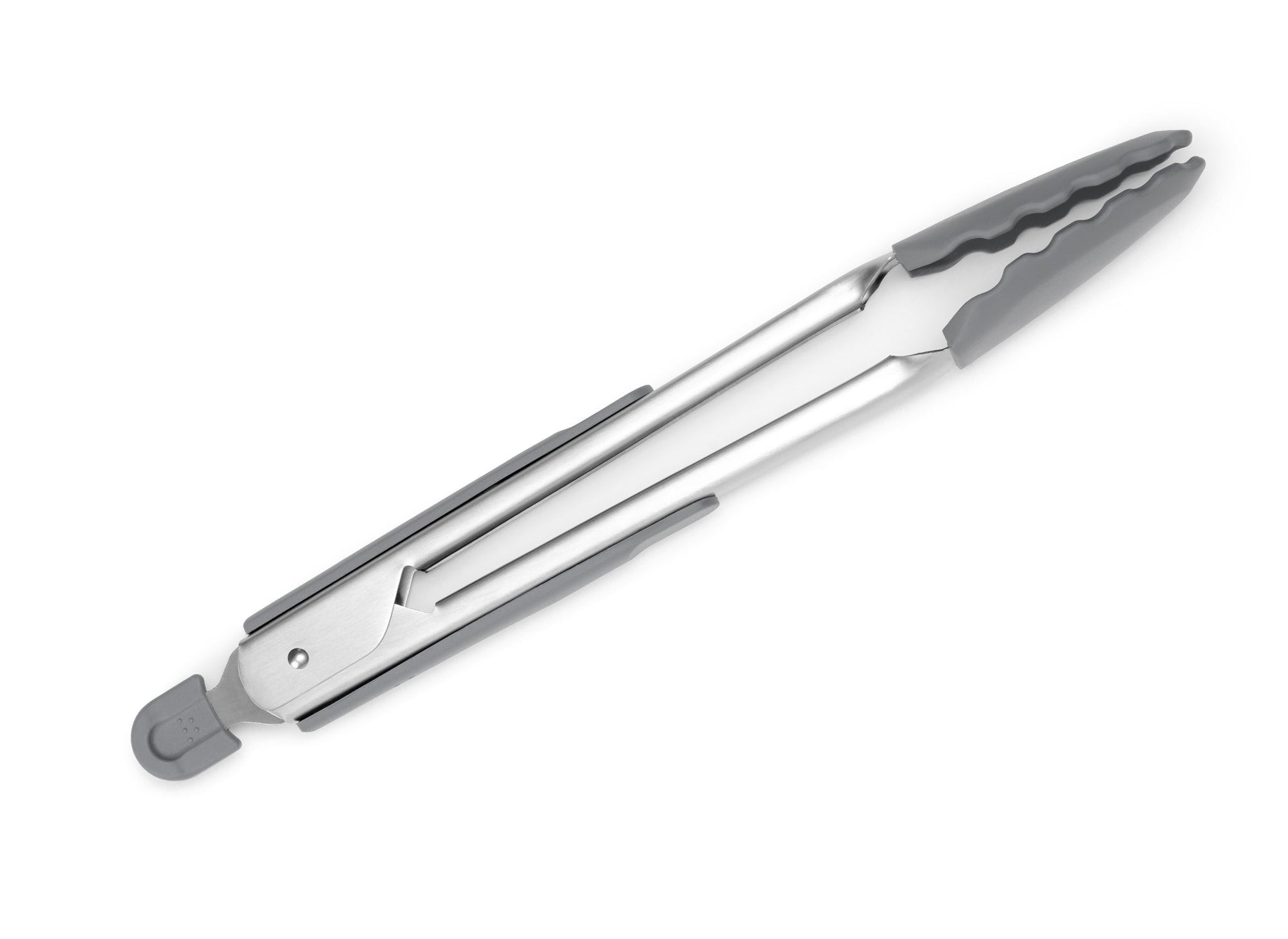 {{gray}} Grey Misen Silicone Tongs in a closed position,  seen from the side on a seamless white background.