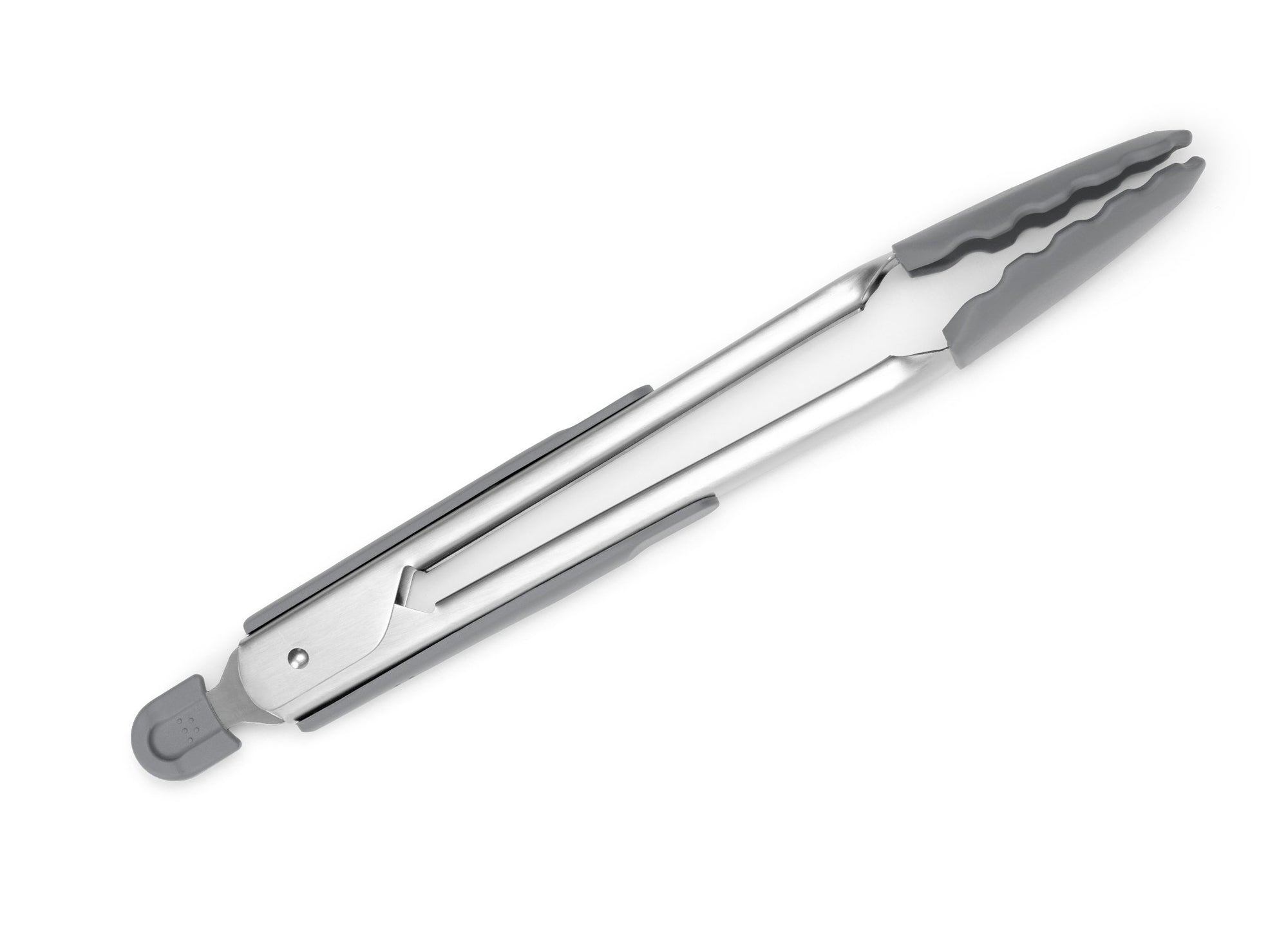 {{silicone-gray}} Grey Misen Silicone Tongs in a closed position,  seen from the side on a seamless white background.