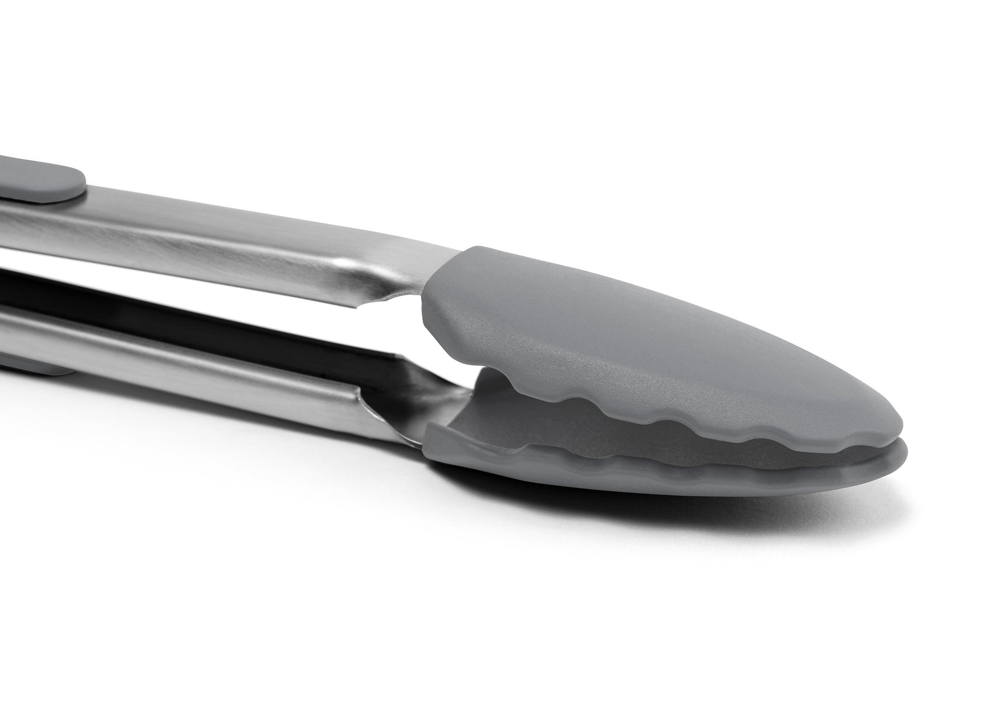 {{silicone-gray}} Grey Misen Silicone Tongs on a white background, showing grey silicone-covered head with scalloped edges in a locked position.