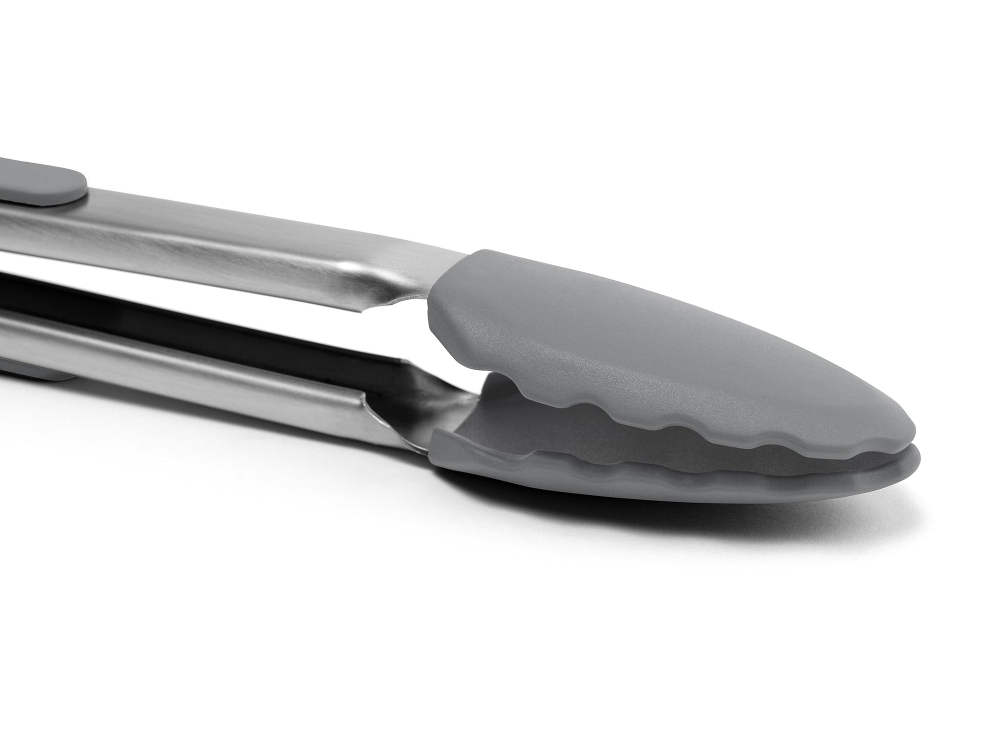 {{silicone-gray}} Grey Misen Silicone Tongs on a white background, showing grey silicone-covered head with scalloped edges in a locked position.