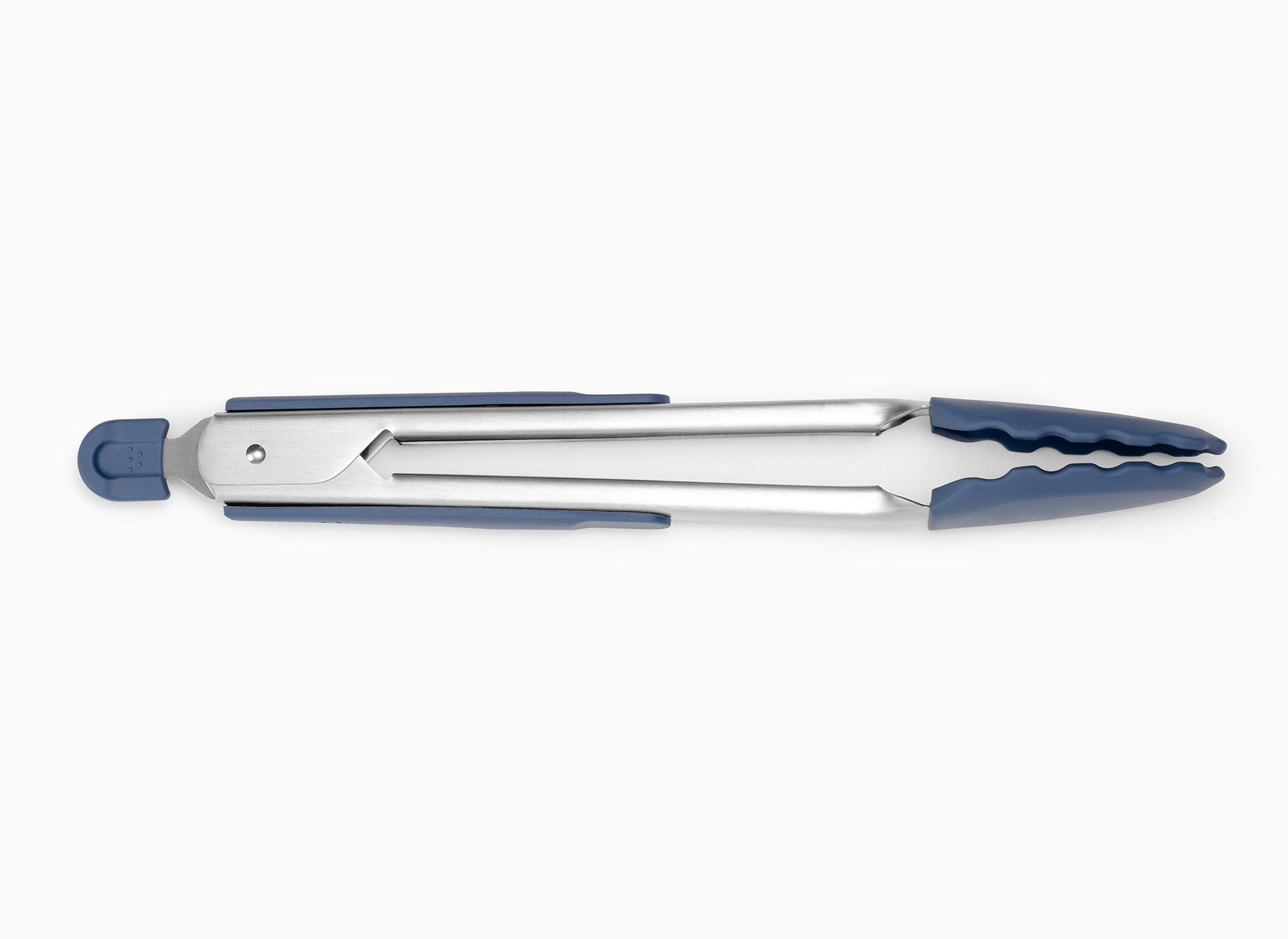 Blue Misen Silicone Tongs in a closed position,  seen from the side on a seamless white background.