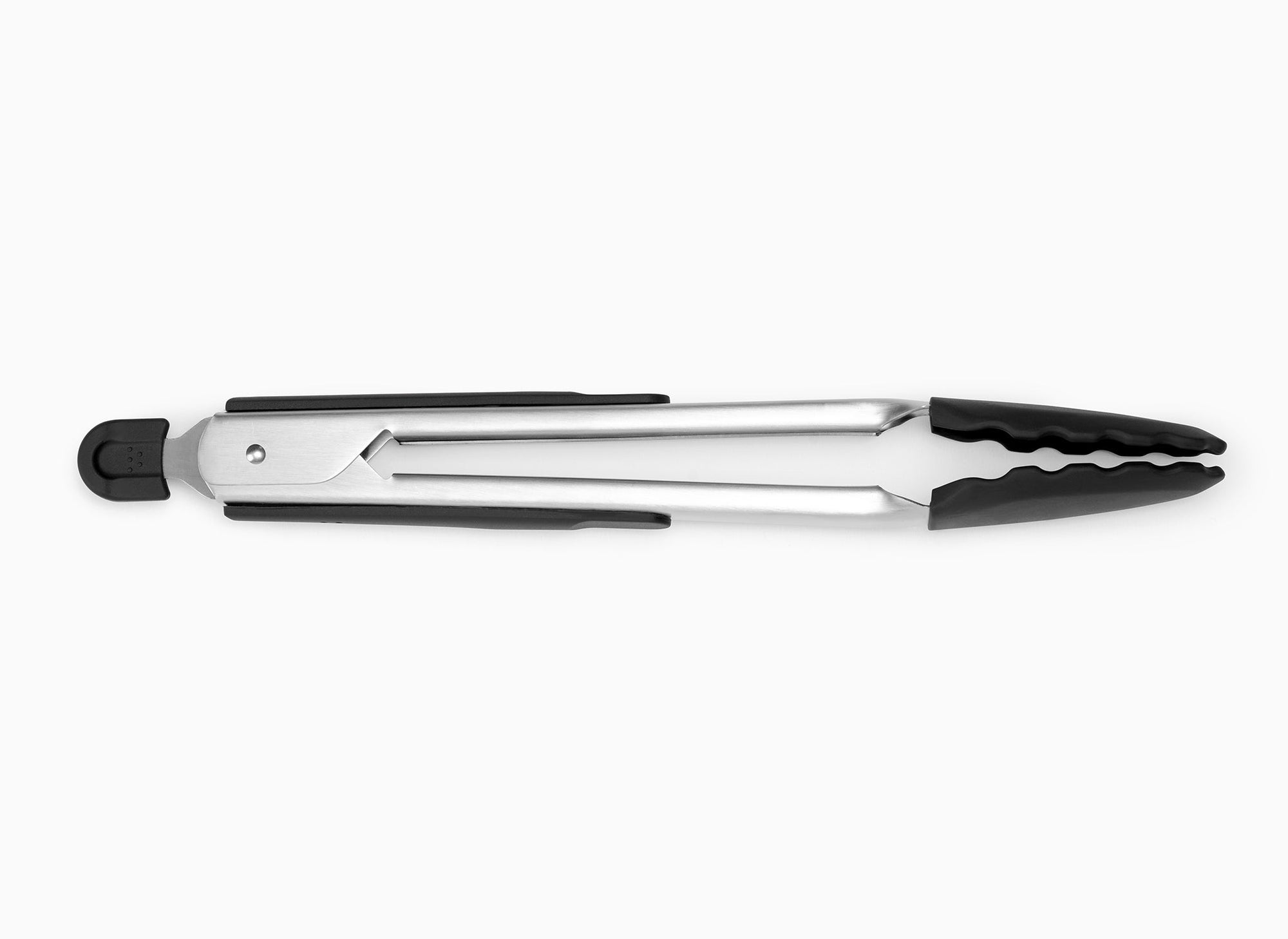 Black Misen Silicone Tongs in a closed position,  seen from the side on a seamless white background.