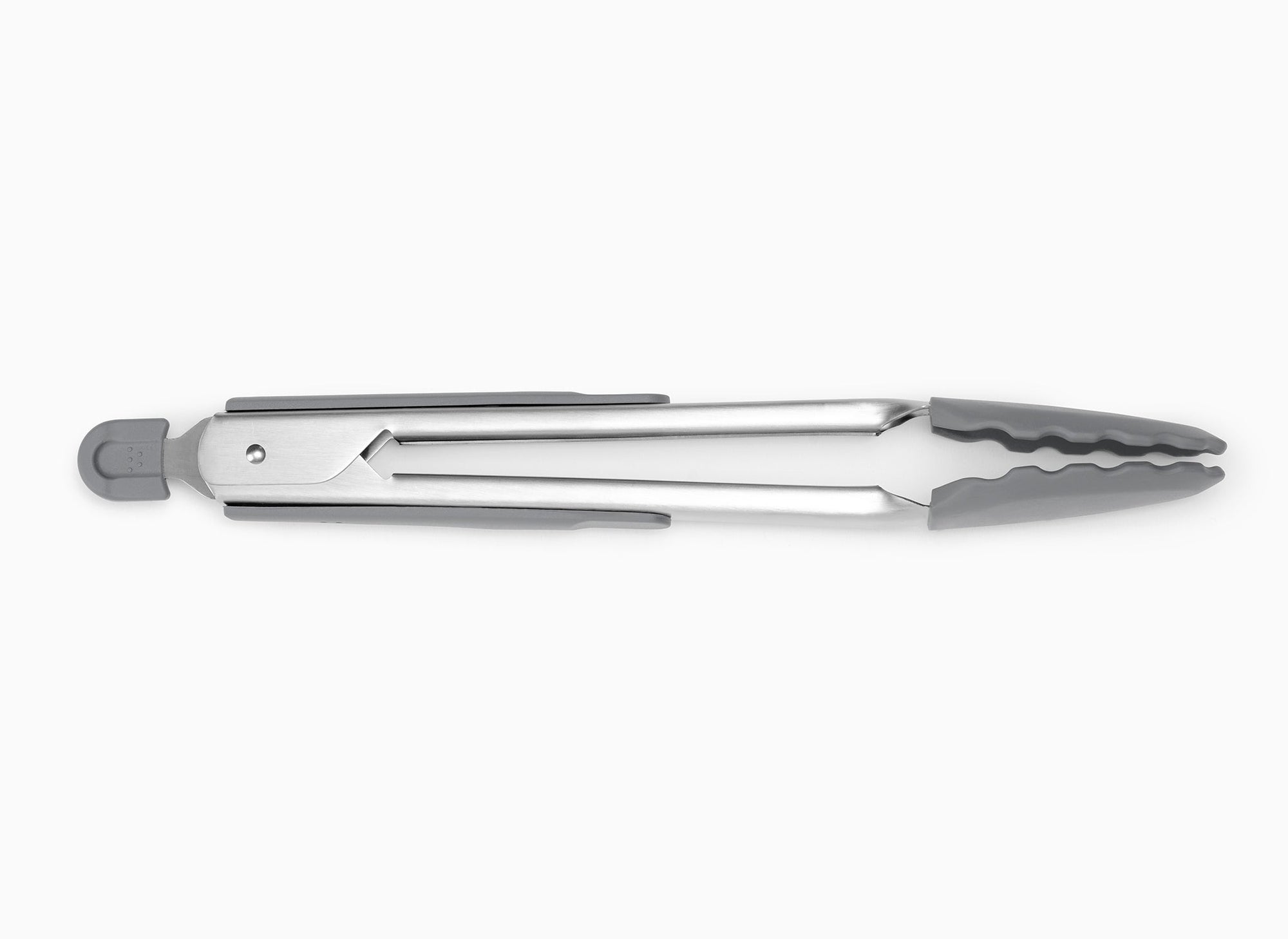 Grey Misen Silicone Tongs in a closed position,  seen from the side on a seamless white background.