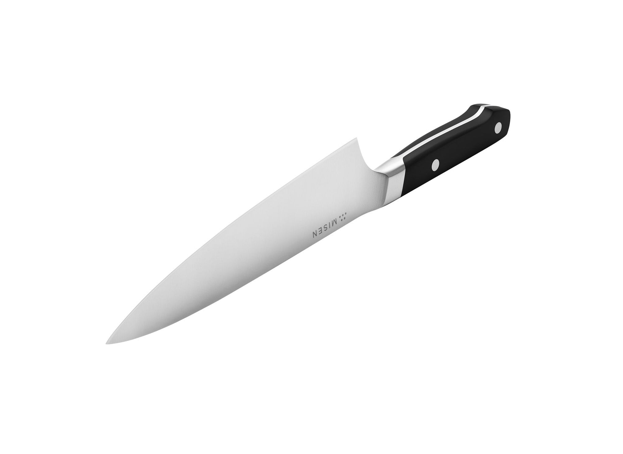 {{black}} A Black Misen Chef’s Knife seen at an angle with cutting edge facing upwards, and Misen logo visible near the spine.