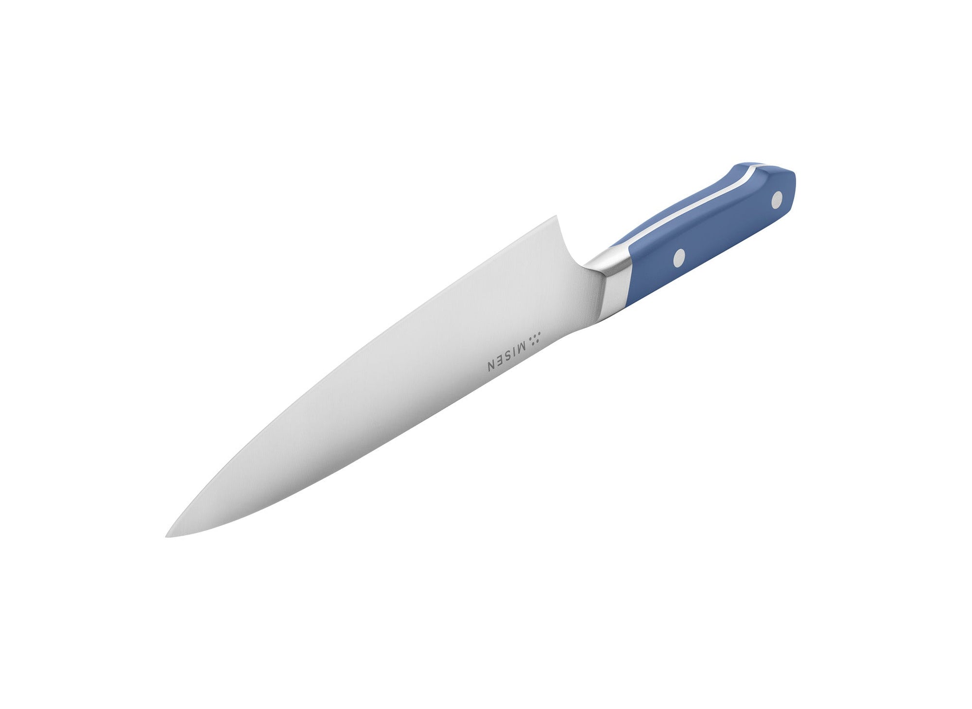 {{blue}} A Blue Misen Chef’s Knife seen at an angle with cutting edge facing upwards, and Misen logo visible near the spine.
