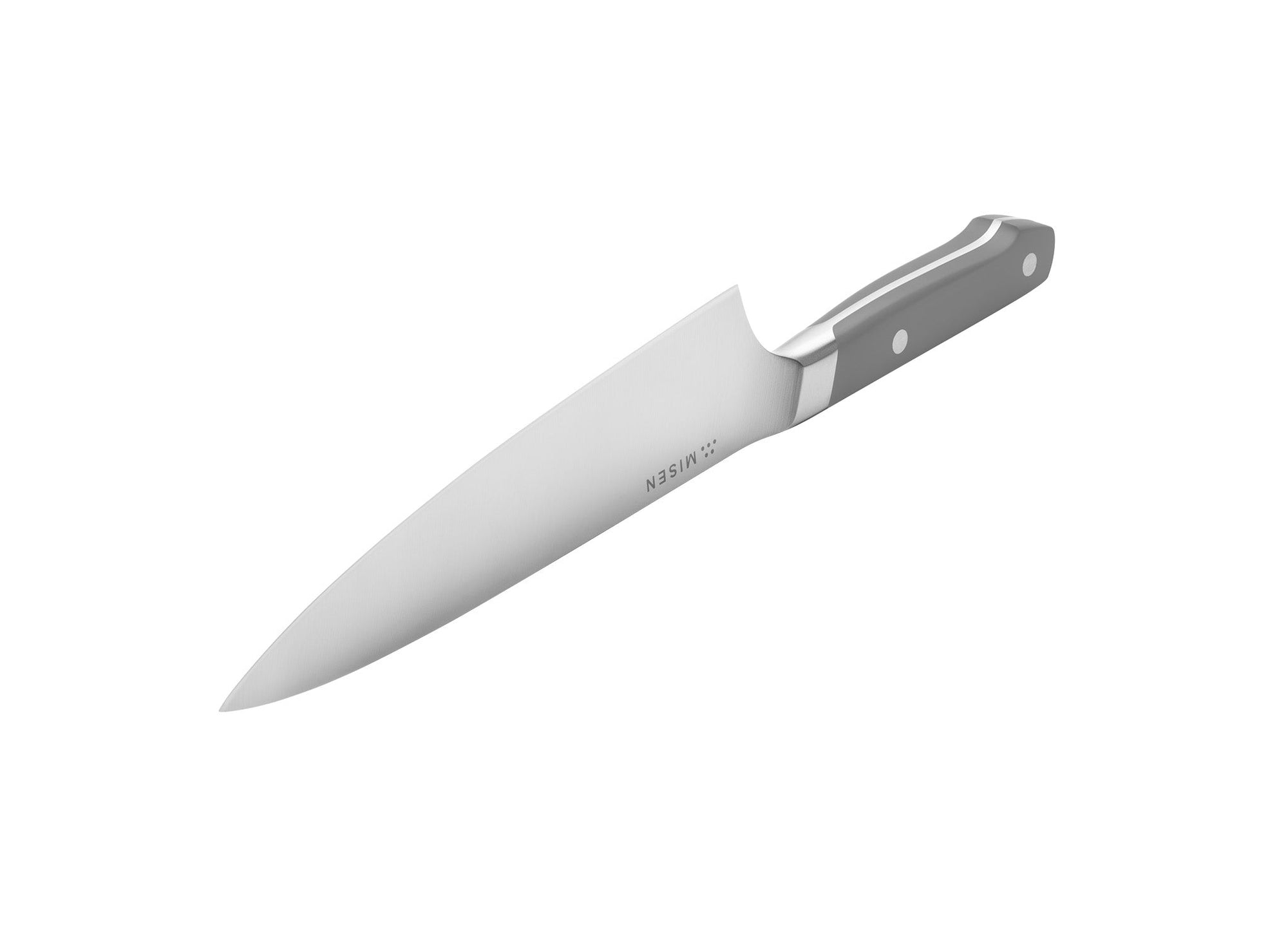 {{gray}} A Grey Misen Chef’s Knife seen at an angle with cutting edge facing upwards, and Misen logo visible near the spine.