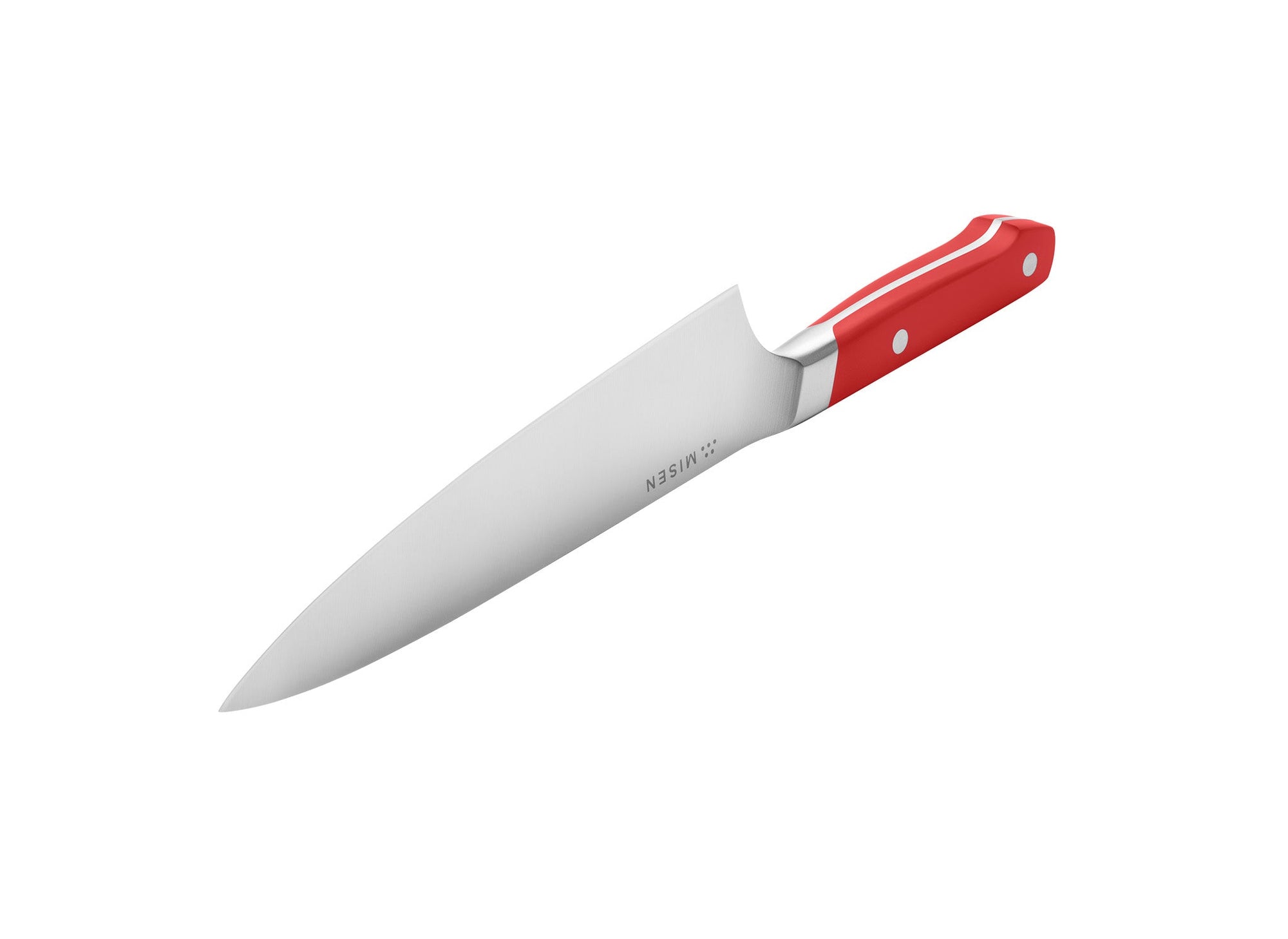 {{red}} A Red Misen Chef’s Knife seen at an angle with cutting edge facing upwards, and Misen logo visible near the spine.