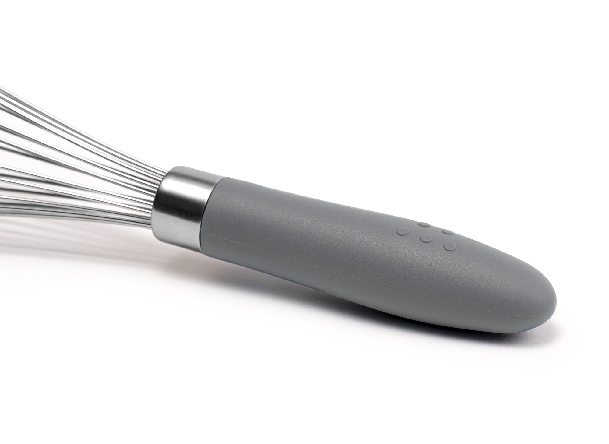{{gray}} Close view of Grey Misen Whisk’s silicone handle, with raised Misen logo visible, on white background.
