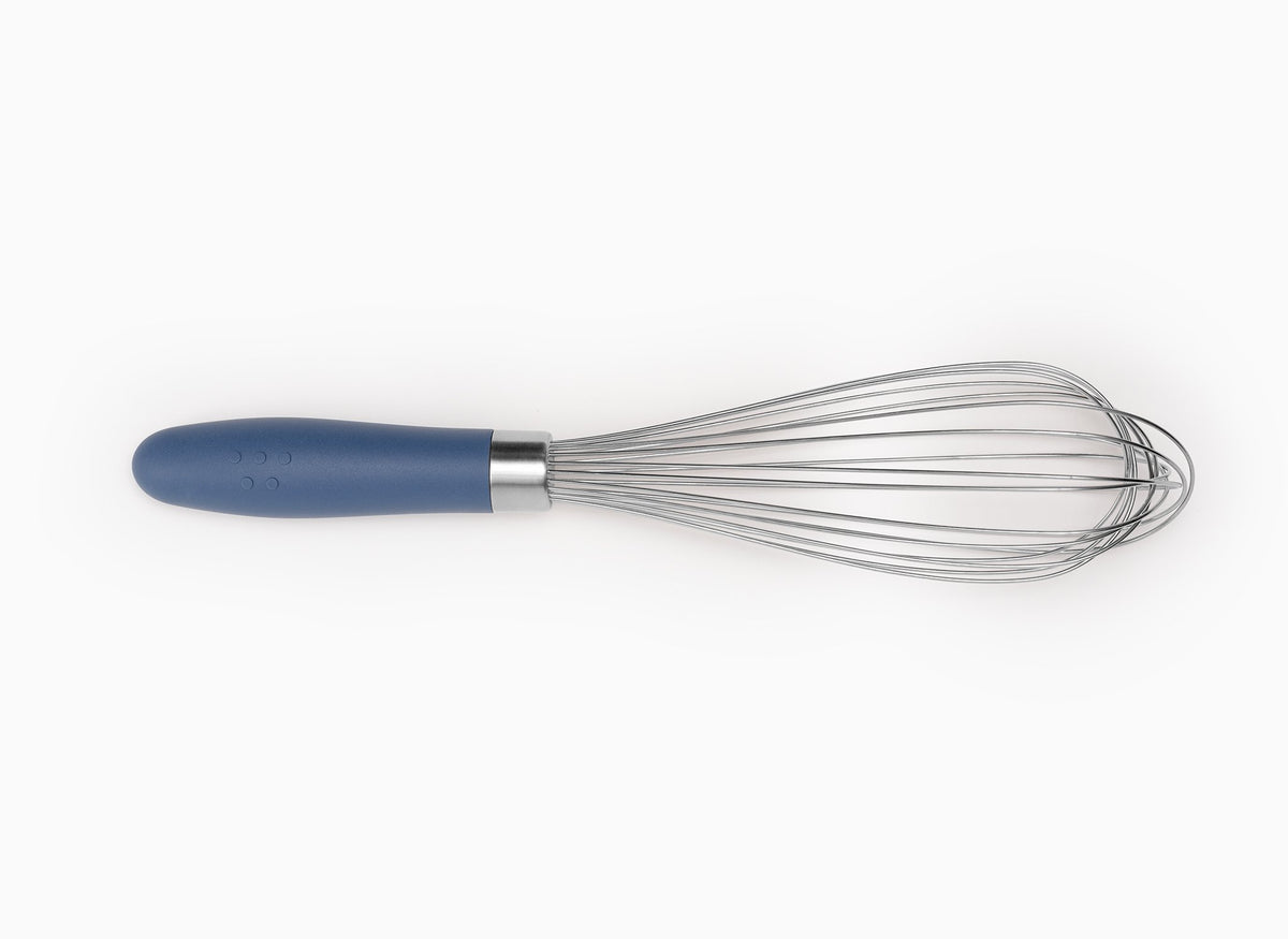 Blue Misen Whisk seen from above on a white background.