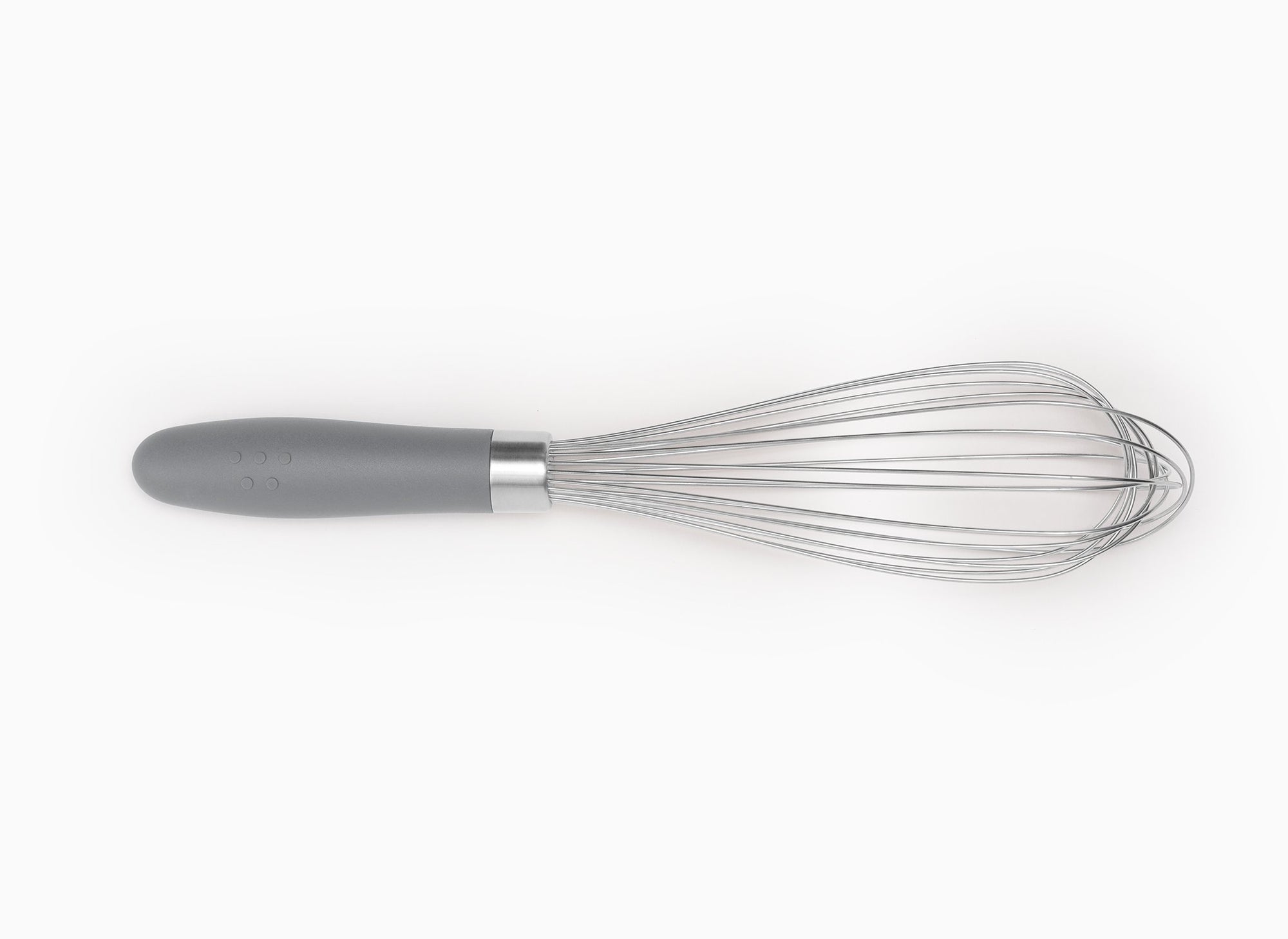 Grey Misen Whisk seen from above on a white background.
