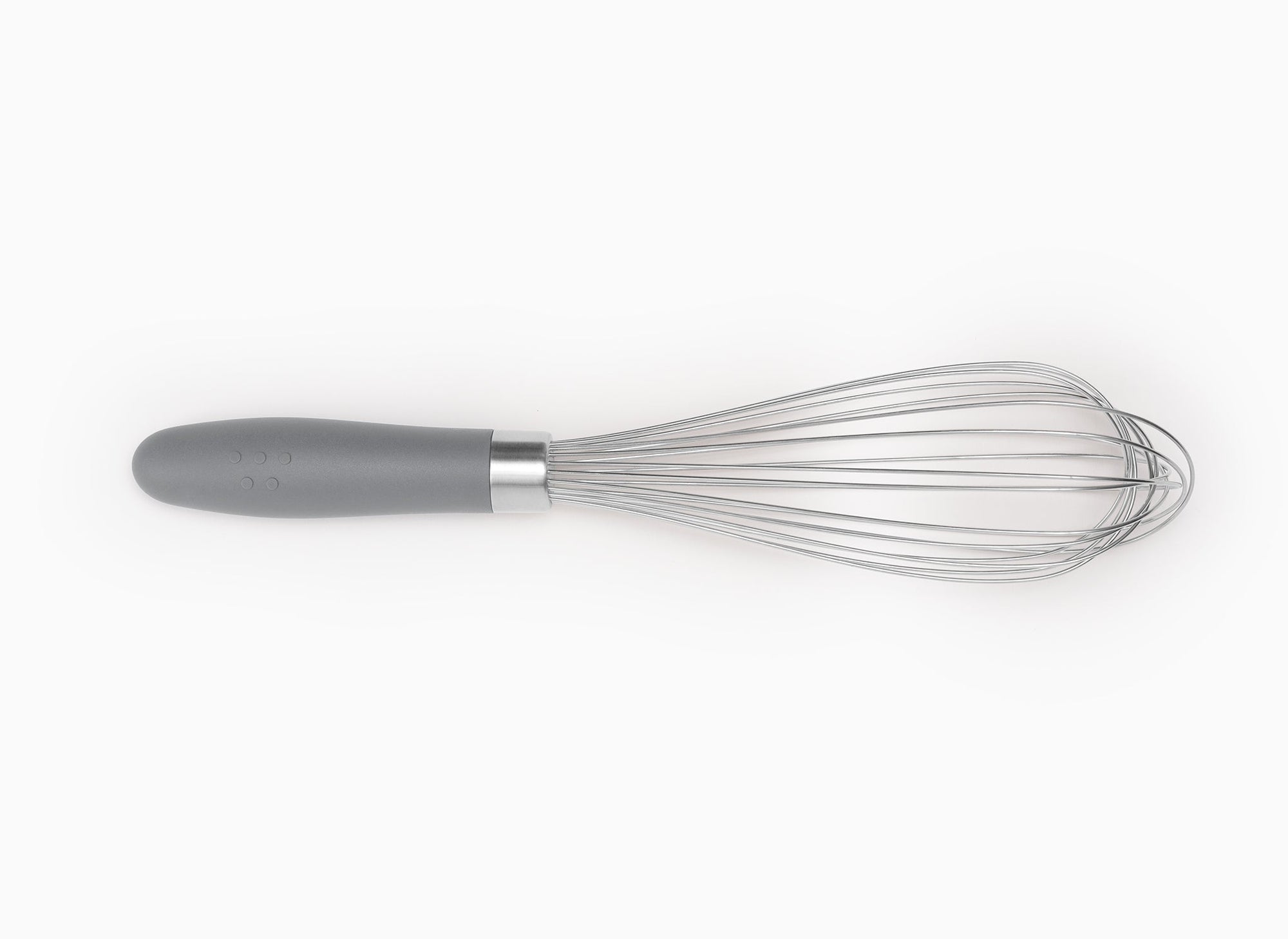 Grey Misen Whisk seen from above on a white background.