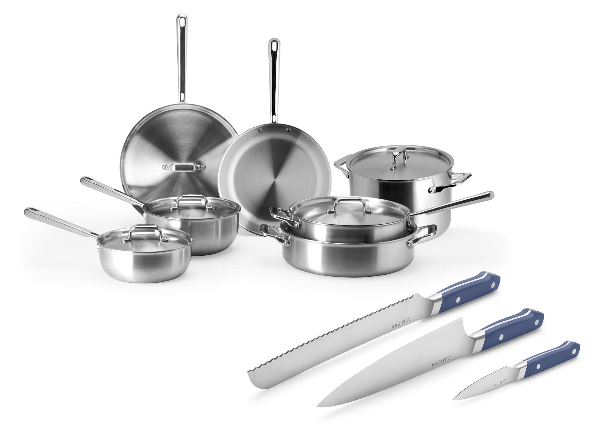 {{complete-blue}} The Misen Complete Cookware + Knife Bundle includes the Complete Cookware Set and the 3 piece Essentials Knife Set in blue.