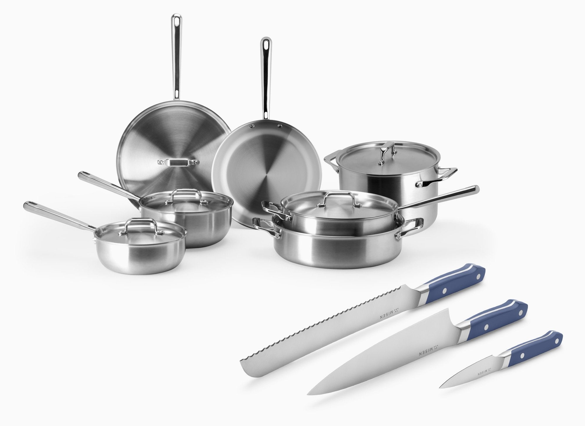 Misen Complete Cookware + Knife Bundle in blue