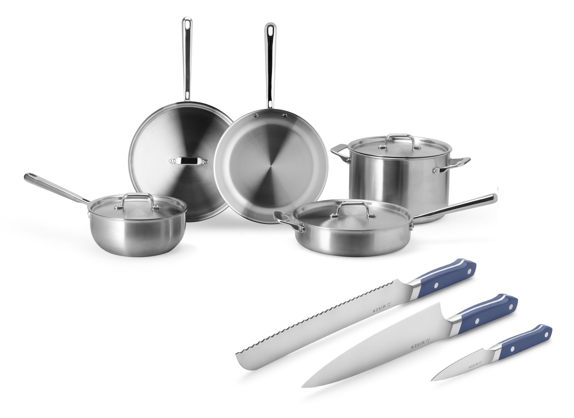 {{essentials-blue}} The Misen Essentials Cookware + Knife Bundle includes the Essentials Cookware Set and the 3 piece Essentials Knife Set in blue.