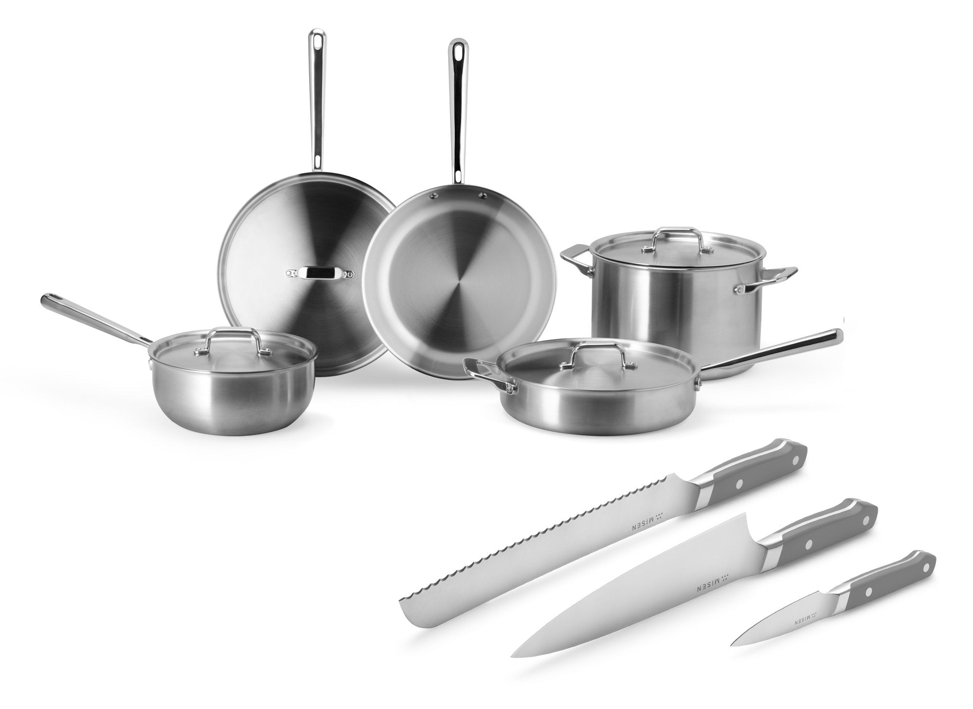 {{essentials-gray}} The Misen Essentials Cookware + Knife Bundle includes the Essentials Cookware Set and the 3 piece Essentials Knife Set in gray.