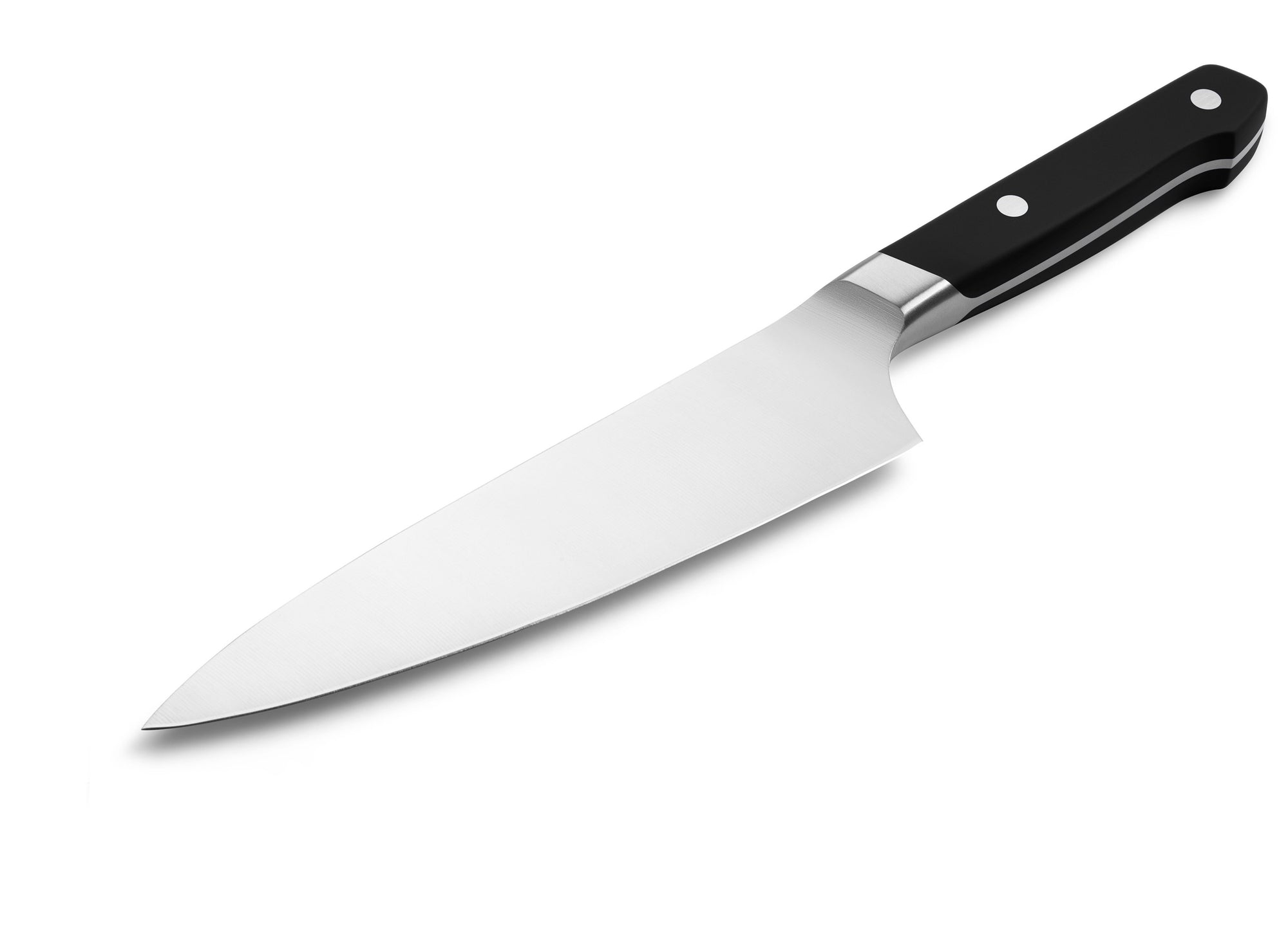 {{black}} The Misen Short Chef's Knife in black features a thick spine and a shorter 6.8 inch hybrid blade.