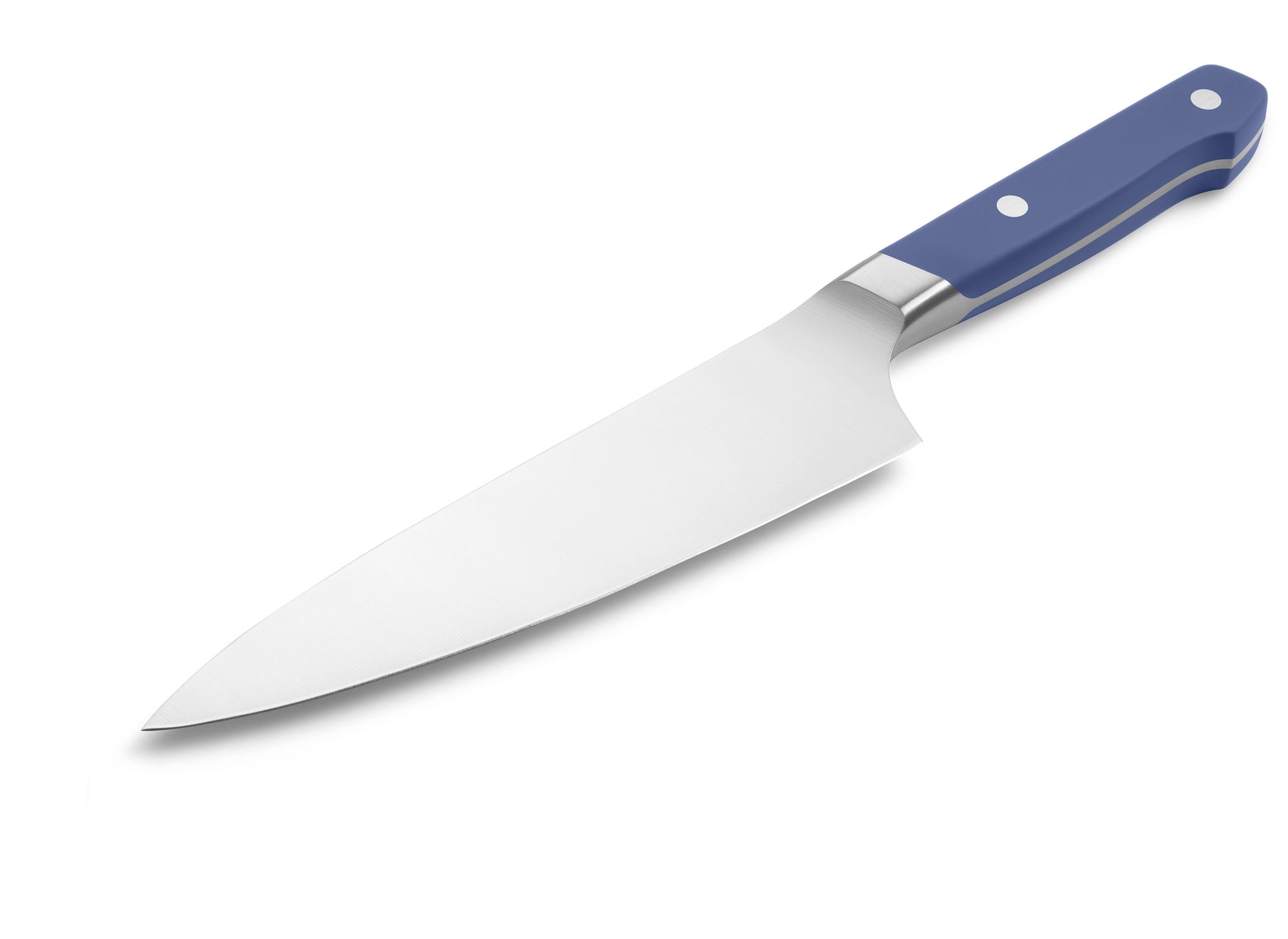 {{blue}} The Misen Short Chef's Knife in blue features a thick spine and a shorter 6.8 inch hybrid blade.