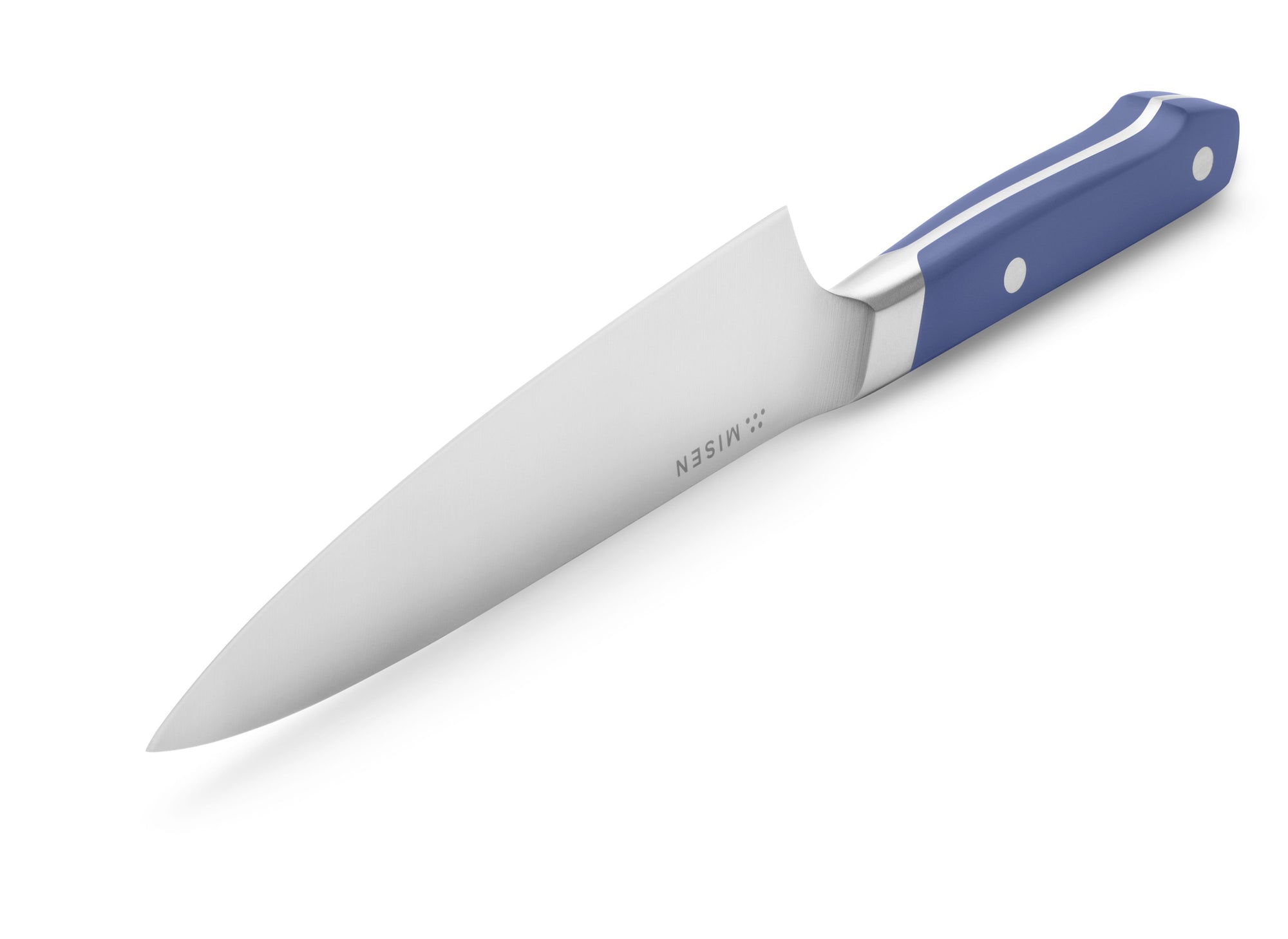{{blue}} Blade tip and edge of Misen Short Chef's Knife in blue