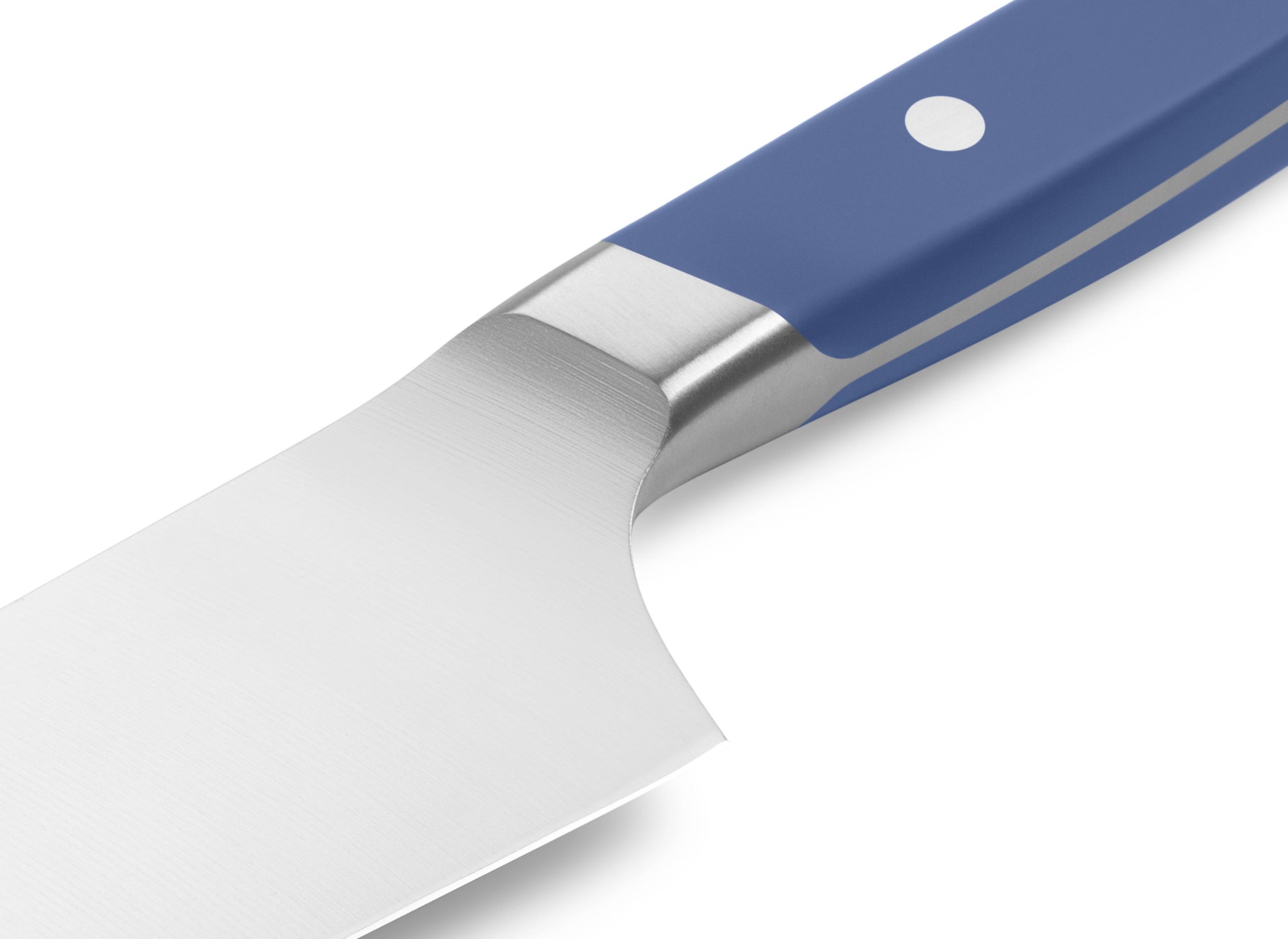 {{blue}} The Misen Short Chef's Knife in blue features a unique sloped bolster.