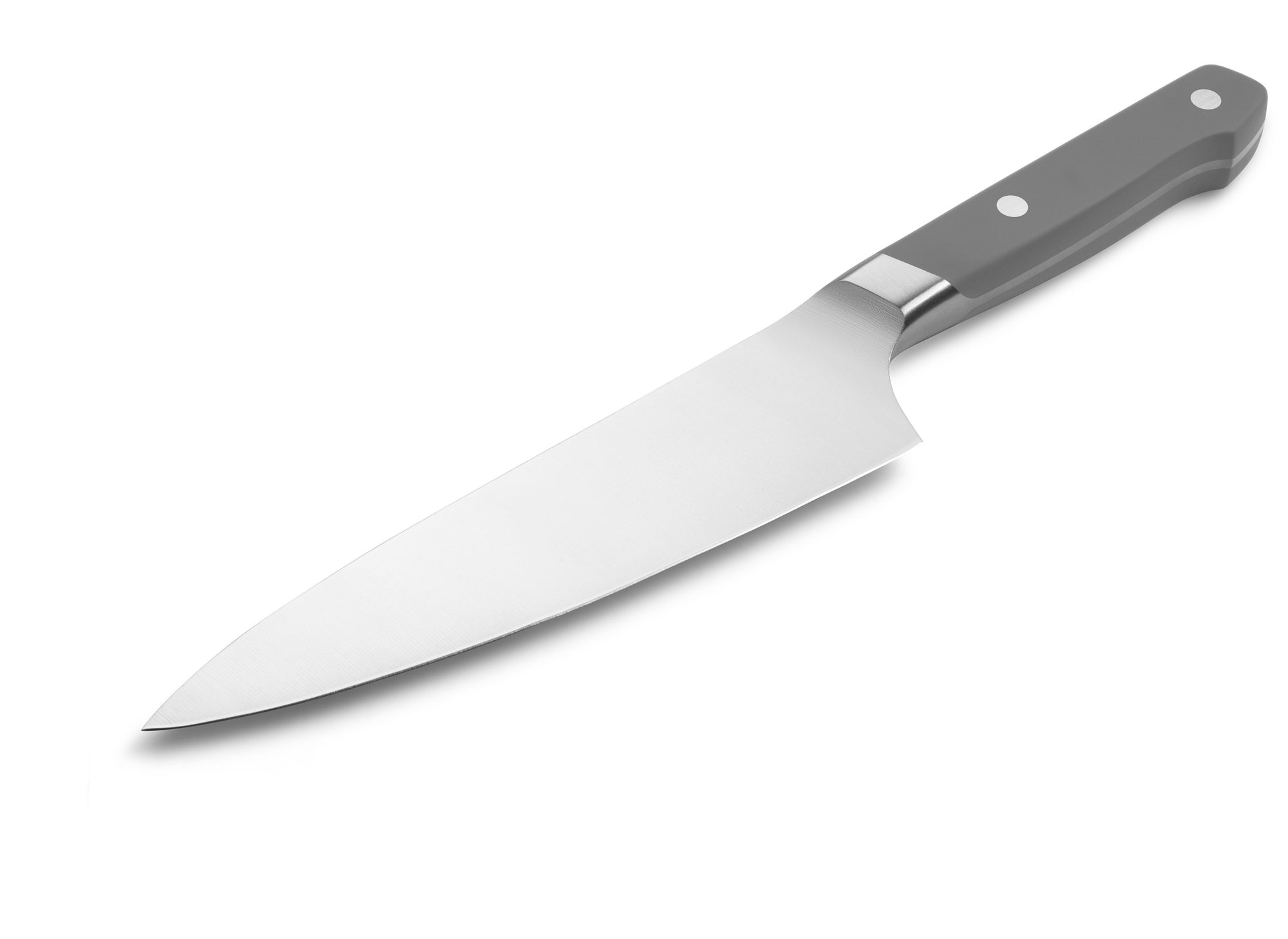 {{gray}} The Misen Short Chef's Knife in gray features a thick spine and a shorter 6.8 inch hybrid blade.