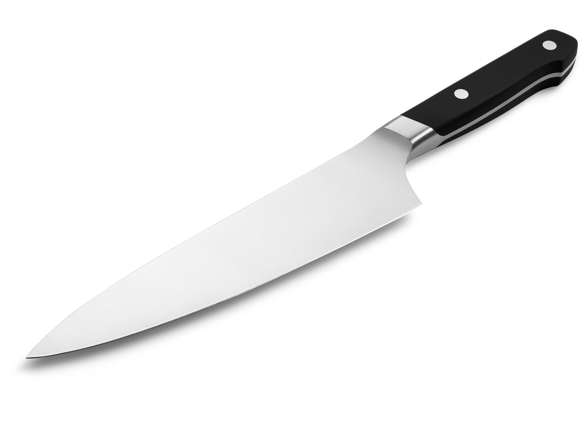 {{black}} The Misen Chef's Knife in black features a thick spine and a hybrid German/Japanese belly.